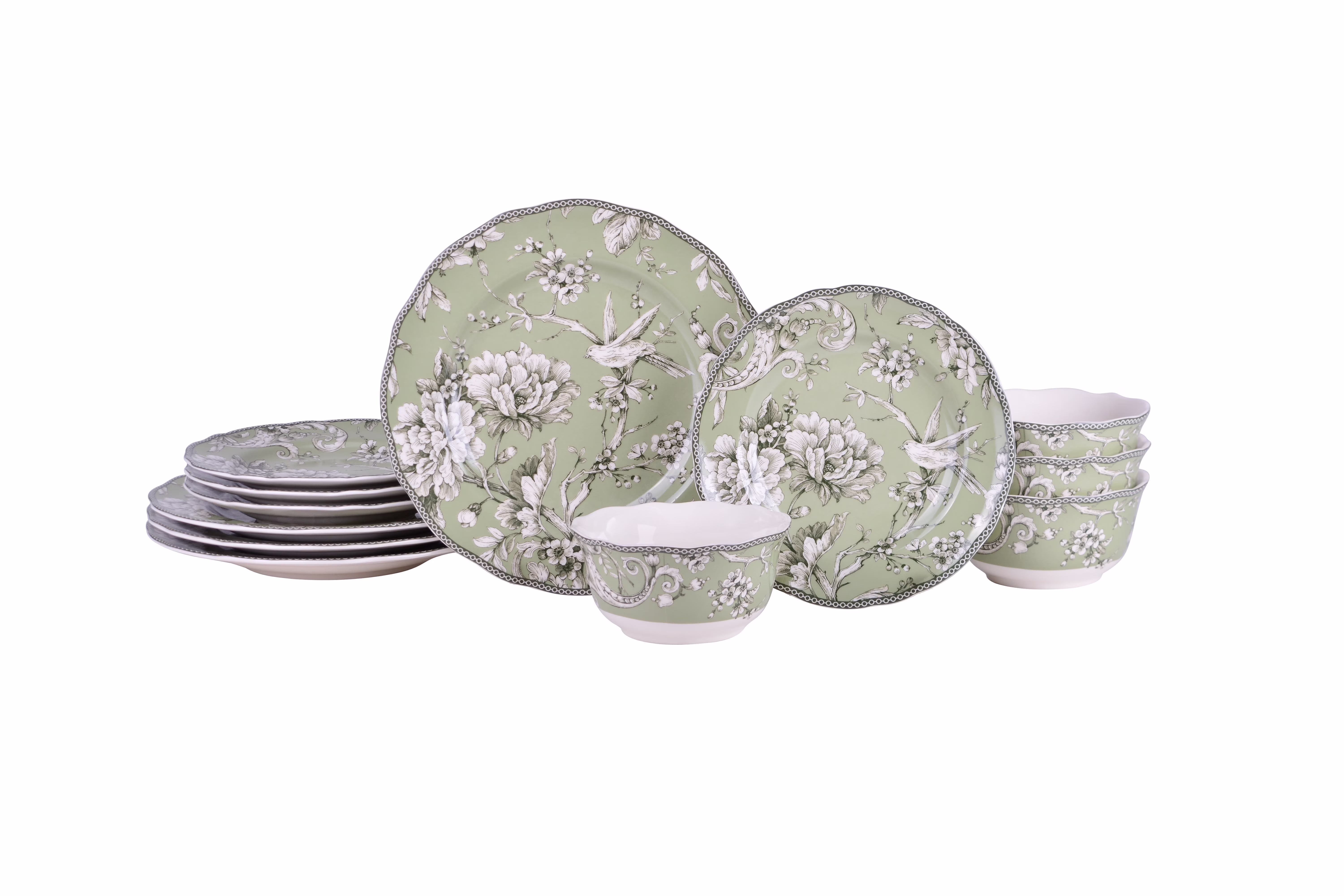 222 Fifth Adelaide Brown on White Porcelain 12 Piece Dinnerware Set, Plates & Bowls, Service for 4