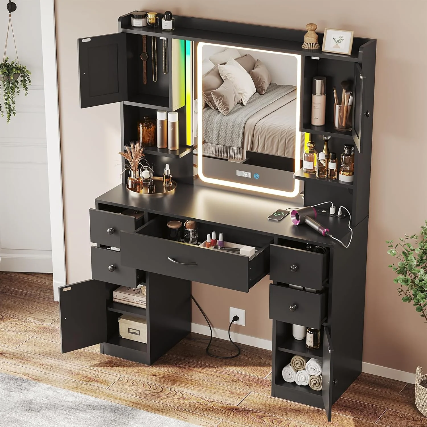 Afuhokles Large Vanity Desk with Lighted Mirror, 5 Drawers Makeup Vanity with Charging Station and Smart Mirror, White