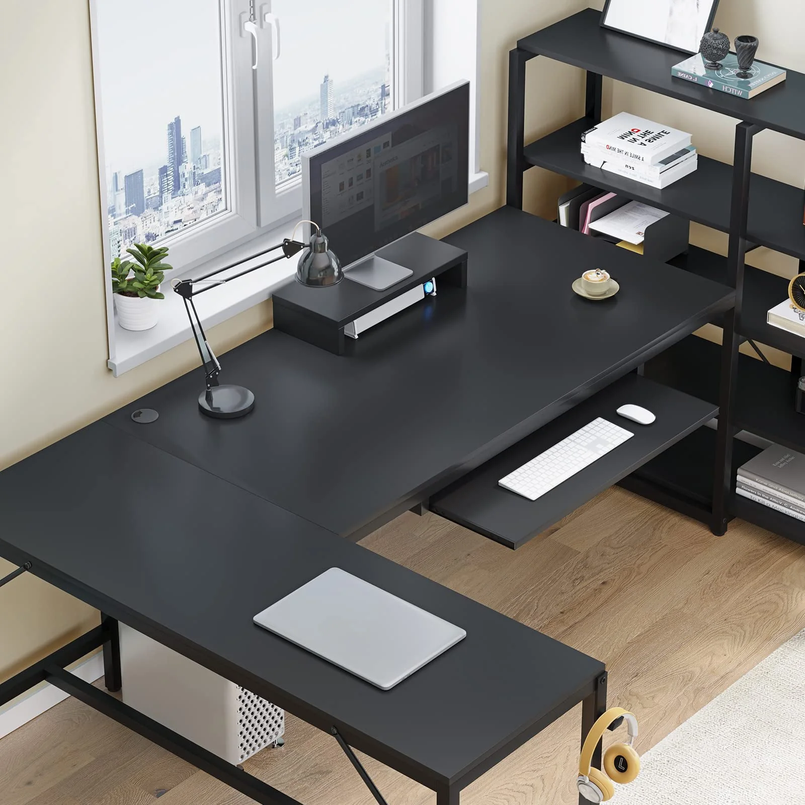 SEDETA  L Shaped Computer Desk, 63'' Corner Gaming Desk, Computer Desk with Storage Shelves, Keyboard Tray, Monitor Stand and Headphone Hook, Gaming Desk with LED Lights, Black