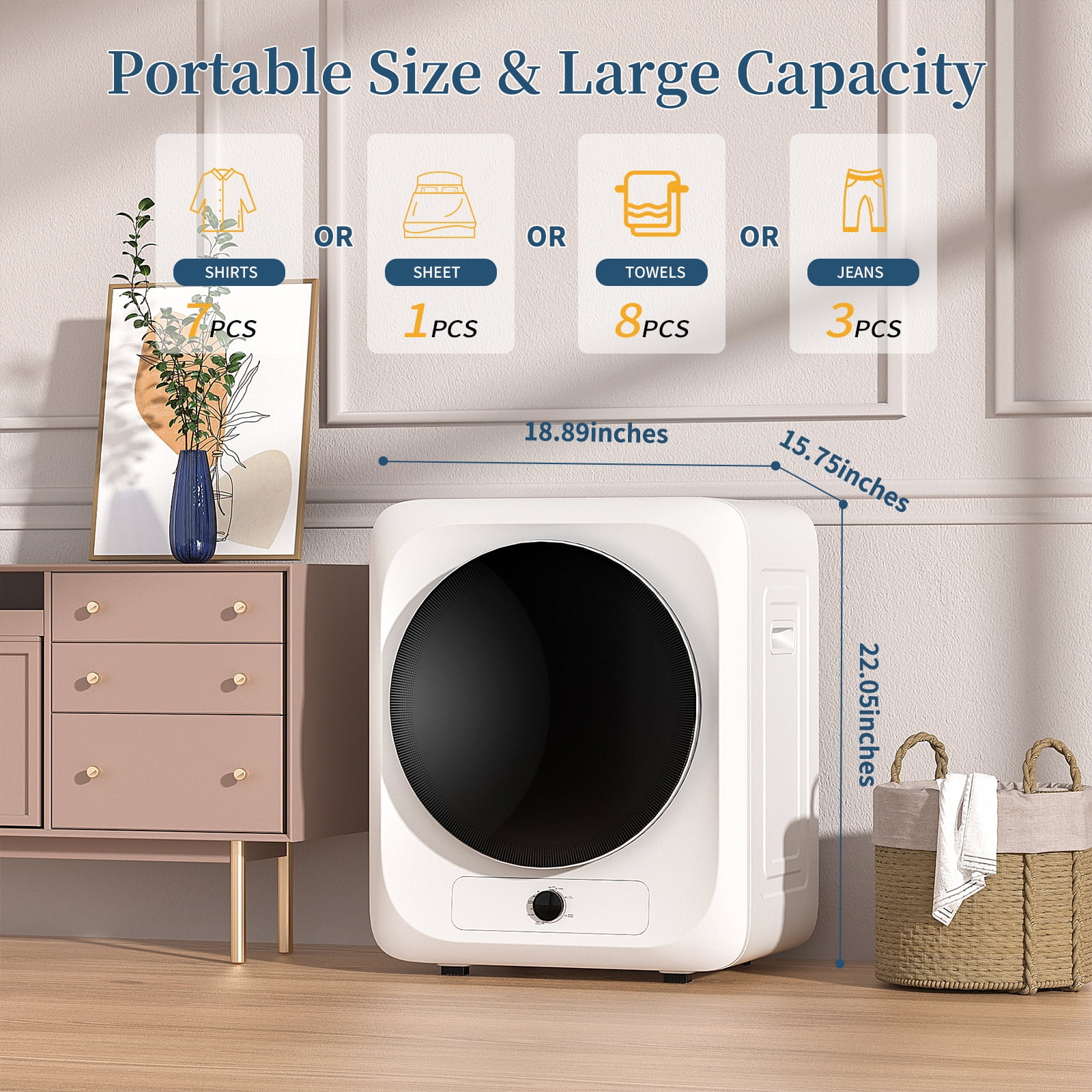 Zynkez Portable Clothes Dryer,1.6 Cu.ft.,110V Electric Compact Laundry Dryer with Stainless Steel Tub for Apartments, Dorms, RVs (White)