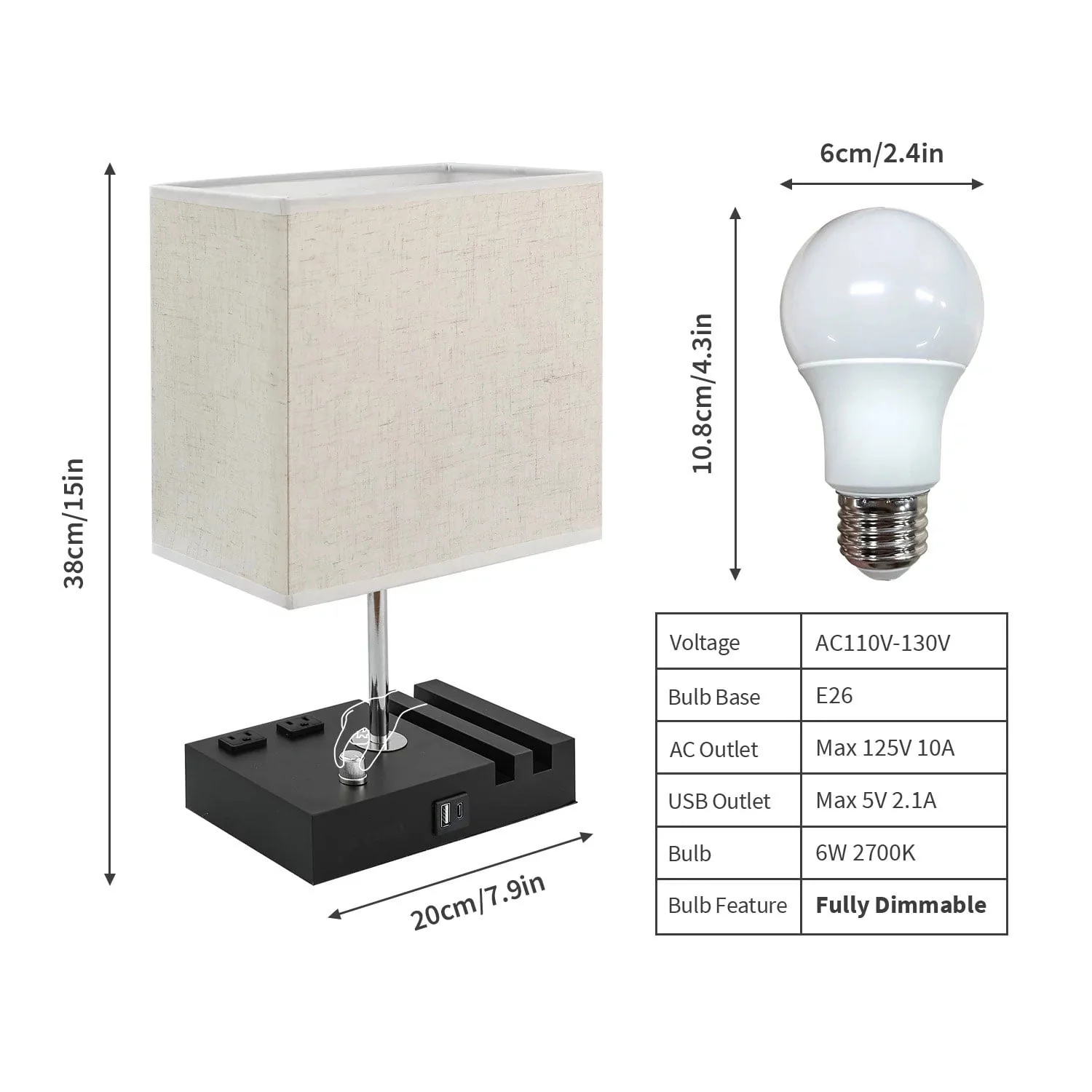 Fully Dimmable Table Lamp for Bedroom Living Room Dual USB Port, Nightstand Desk Lamps with Charging Station 2 Power Outlets, Fabric Lampshade LED Bulb Included