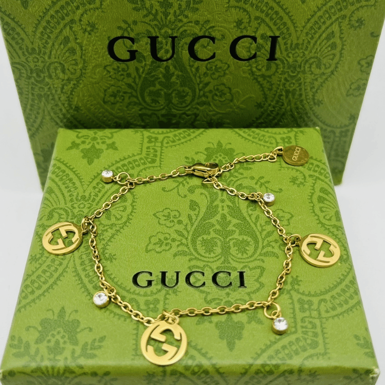 Gucci Interlocking G Charm Bracelet With Rhinestones Gold-Tone
