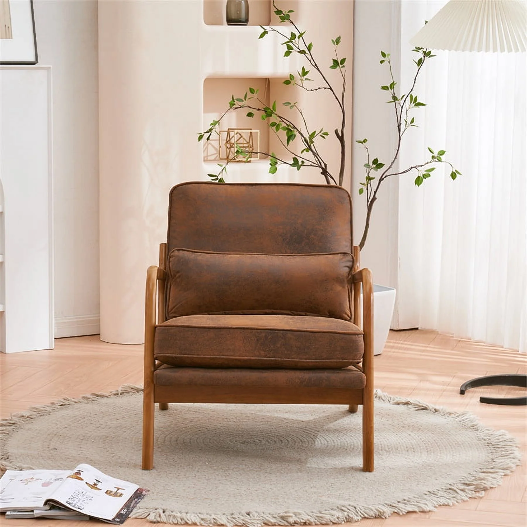 Modern Accent Chair, Upholstered Armchair with Wood Frame, Bronzing Cloth Single Sofa Chair with Lumbar Pillow for Living Room Bedroom Apartment, Orange