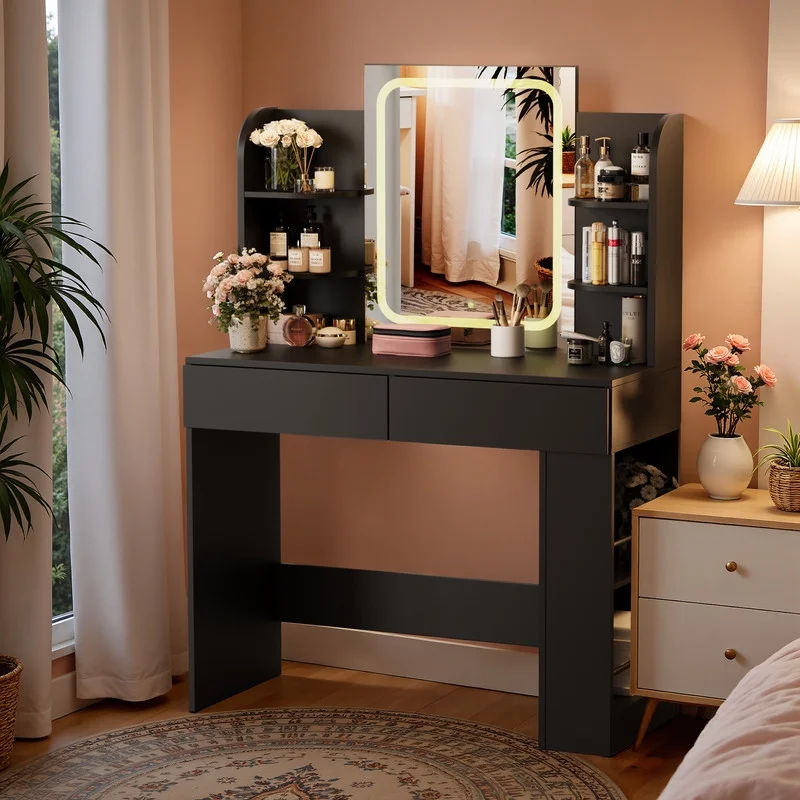 Furmax Makeup Vanity Desk with LED Lighted Mirror Vanity Table with Drawers, Shelves & Side Storage for Bedroom, White