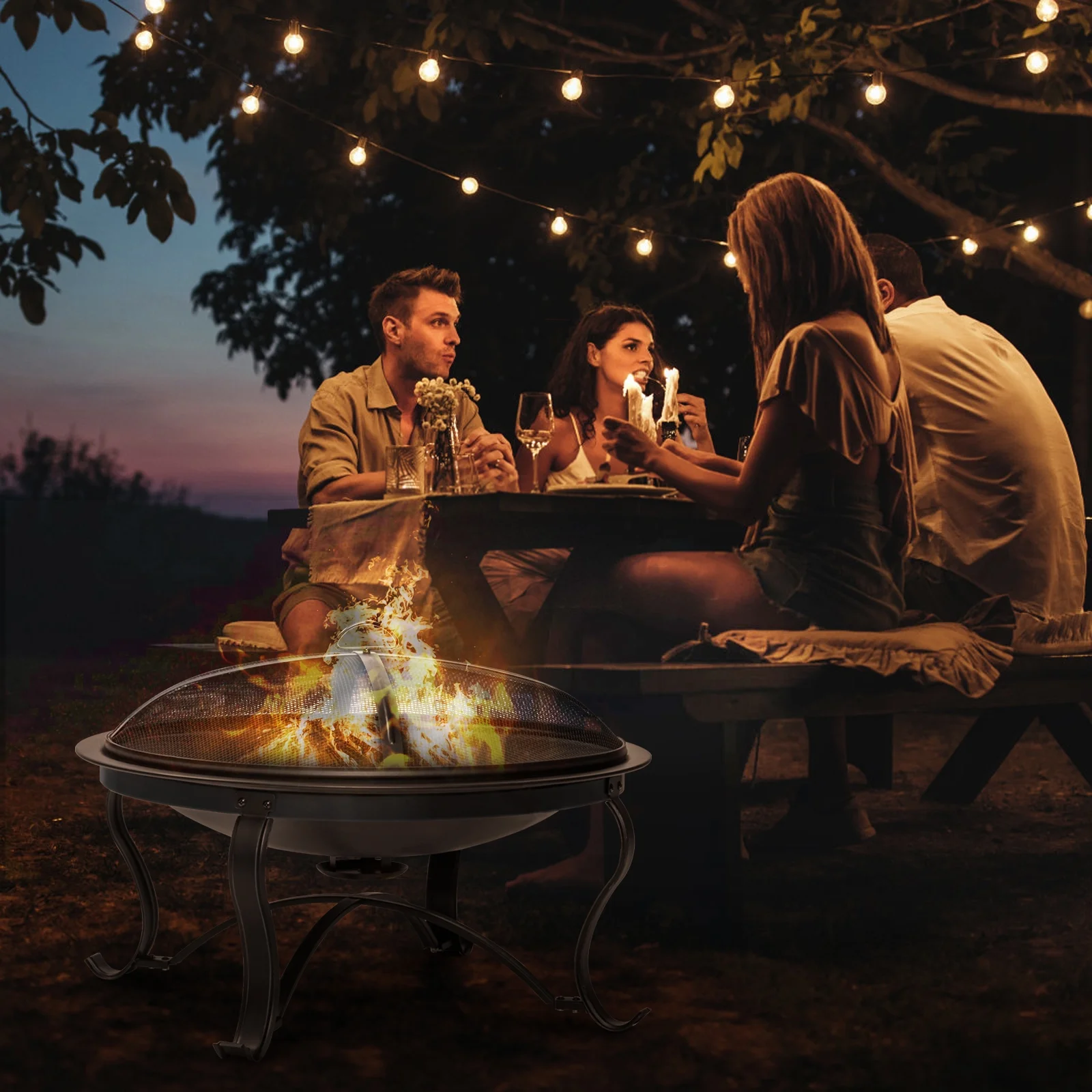 SinglyFire 30 inch Fire Pits for Outside Firepit Outdoor Wood Burning Bonfire Pit Steel Firepit Bowl for Patio Backyard Camping, with Ash Plate, Spark Screen, Log Grate, Poker