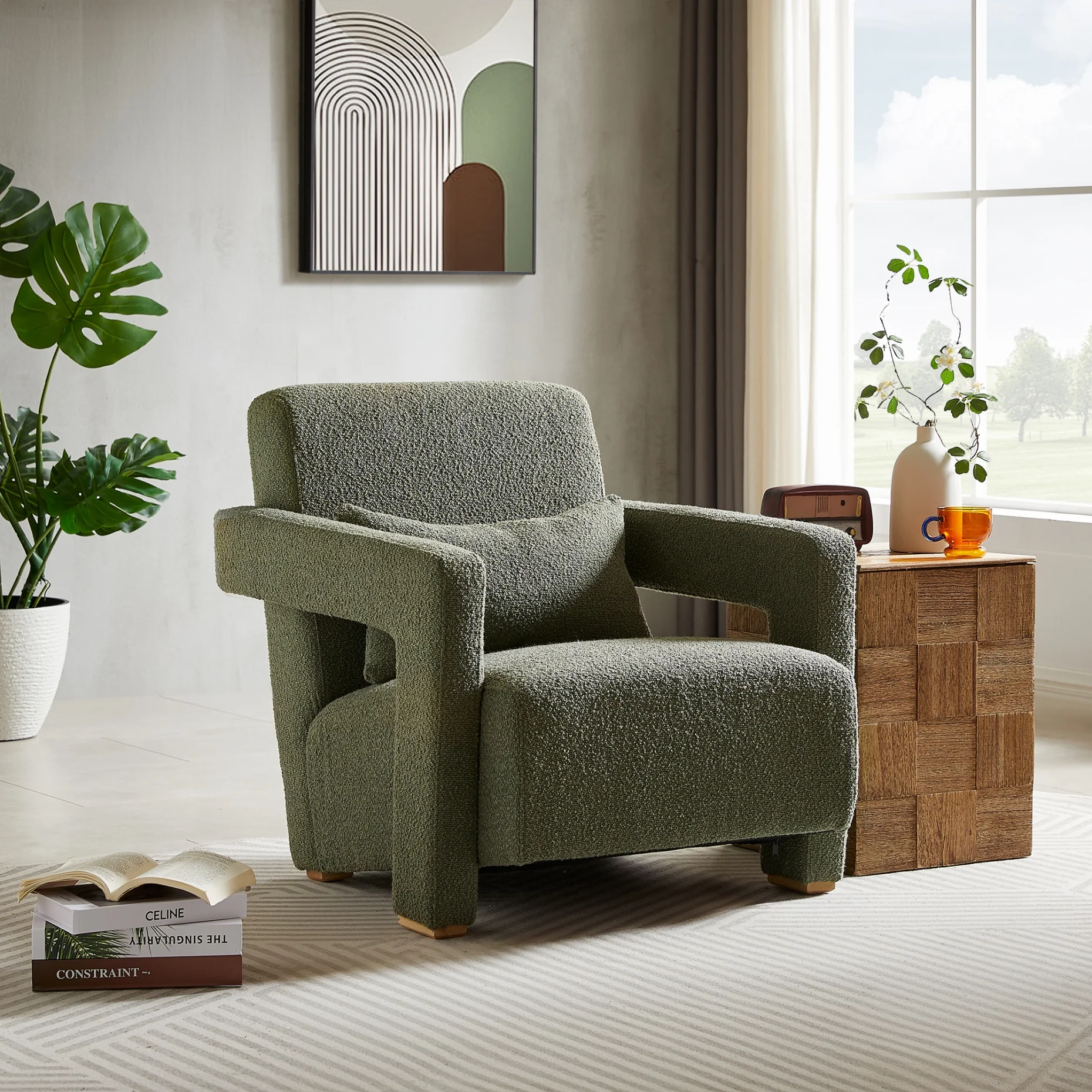 Minimalism Accent Chair with a Pillow, Modern Boucle Armchair with Sleek Right-Angle Armrests, Comfort Inclined Seat Chair with Square Wooden Block Legs for Living Room/Bedroom/Study, Green