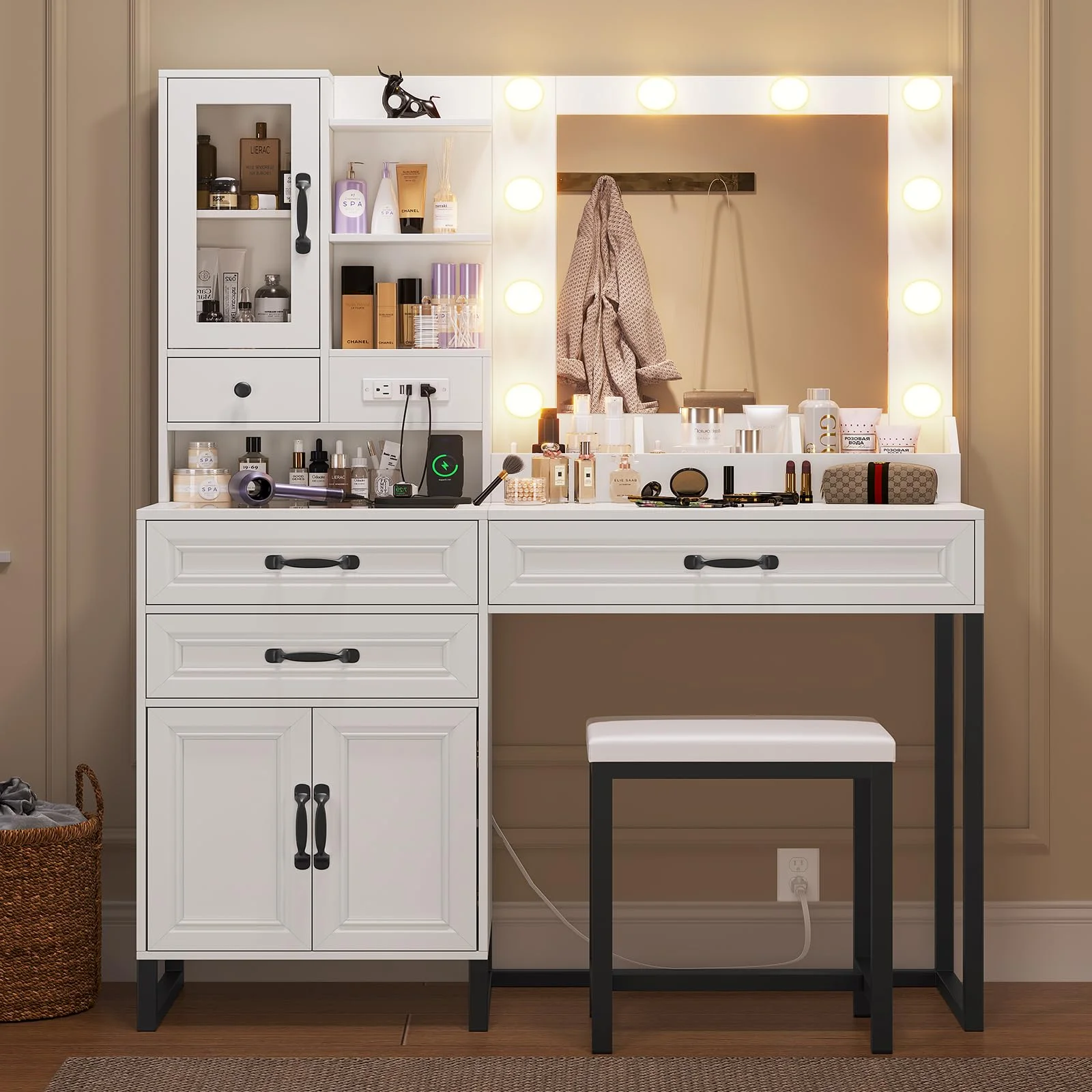 AMUZER Modern Vanity Desk Set with Mirror and Lights & Stool, Makeup Vanity Table with Charging Station, 4 Stoarge Drawers & Double-Door Cabinet, White