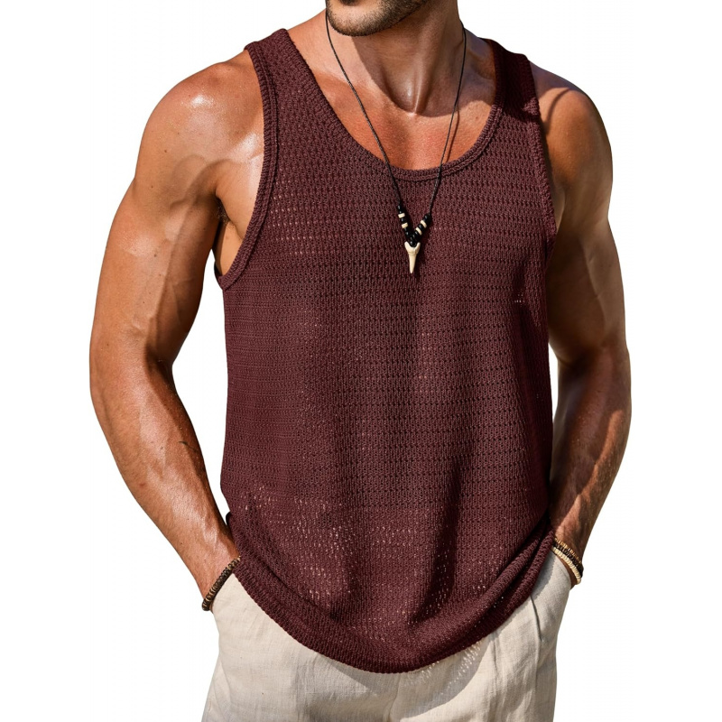 Men Mesh Hollow Out Tank Top Breathable See Through Beach Vest(S-XXL)