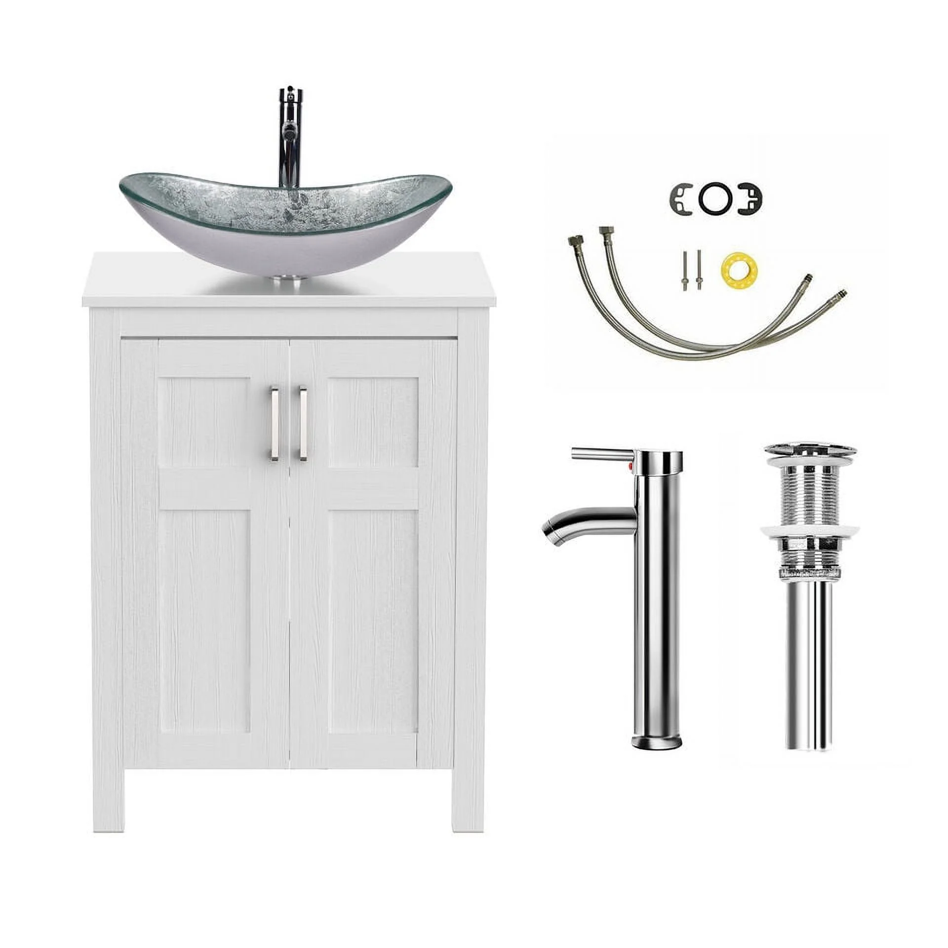 ELECWISH Bathroom Sink and Faucet Combo Artistic Tempered Glass Vessel Sink Basin Washing Bowl Set, Cabinet Countertop Sink with Chorme Faucet Pop-up Drain (Oval Silver)