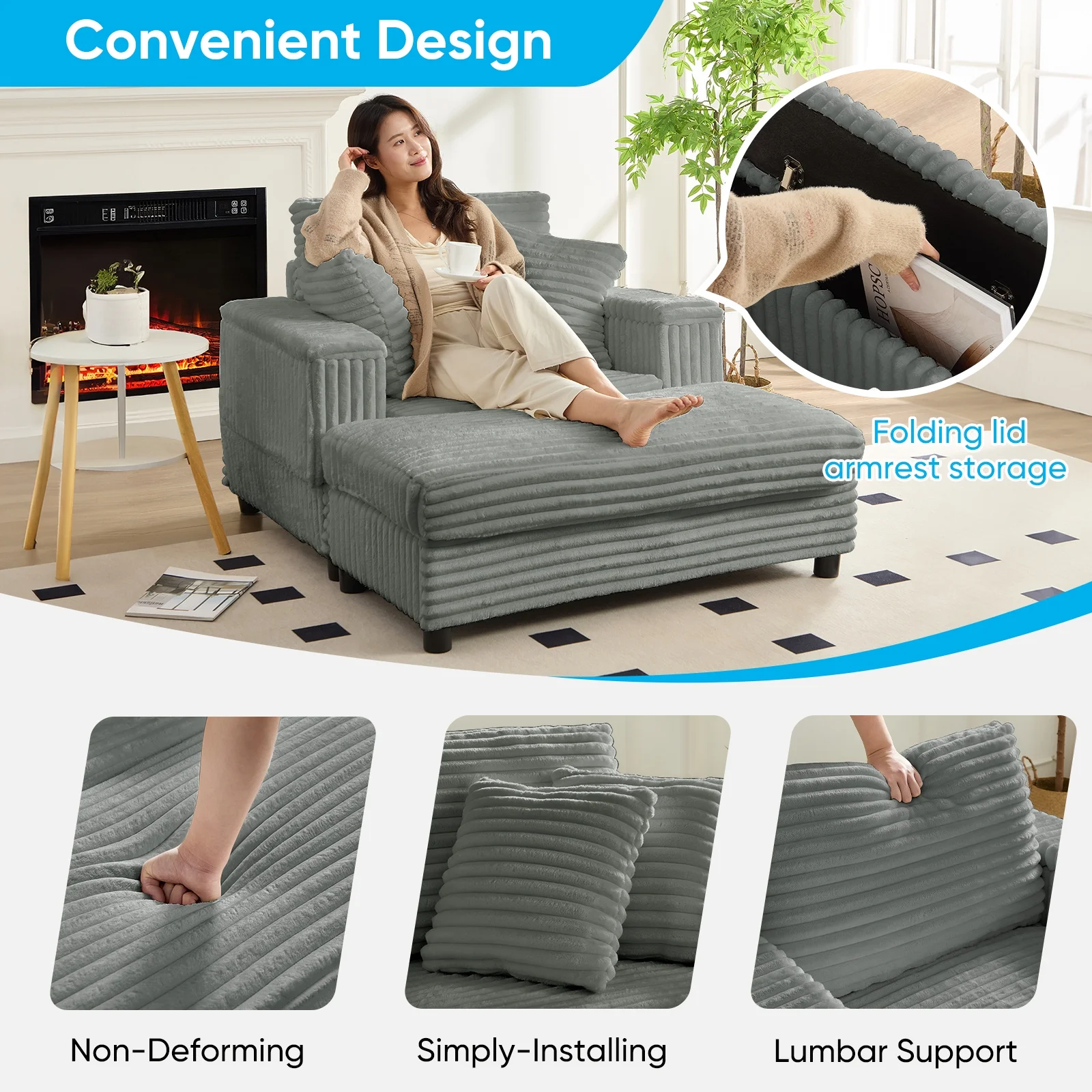 Mjkone Oversized Accent Chair?with Ottoman for Living Room, Single Indoor Lounge Sofa Armchair with Storage Armrests,Green