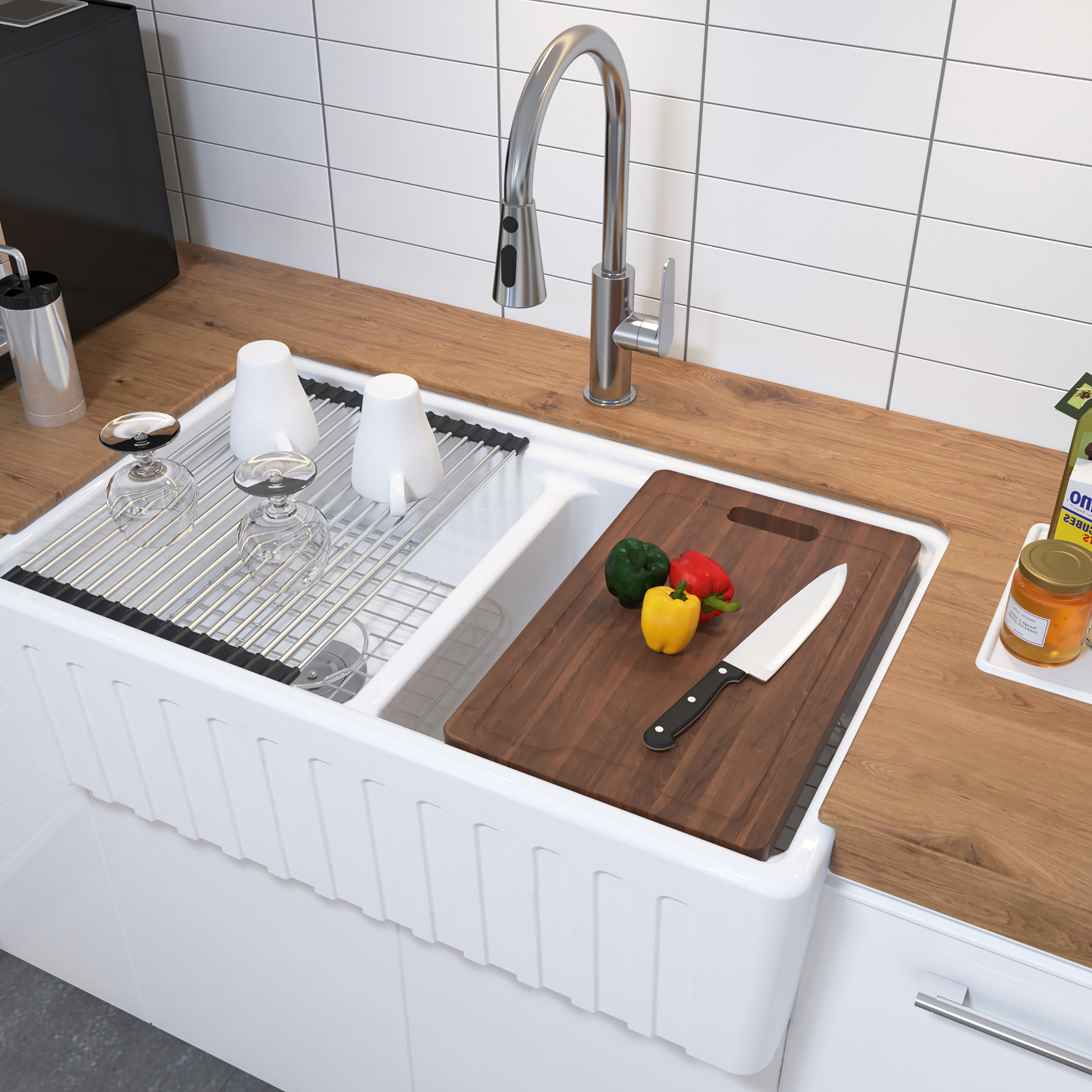 MEJE #KS3320 33x20 inch 50/50 Double Bowl , Ceramic Apron-front Step Rim Workstation Farmhouse Kitchen Sink , with Cutting Board ,Grid & Strainer - White