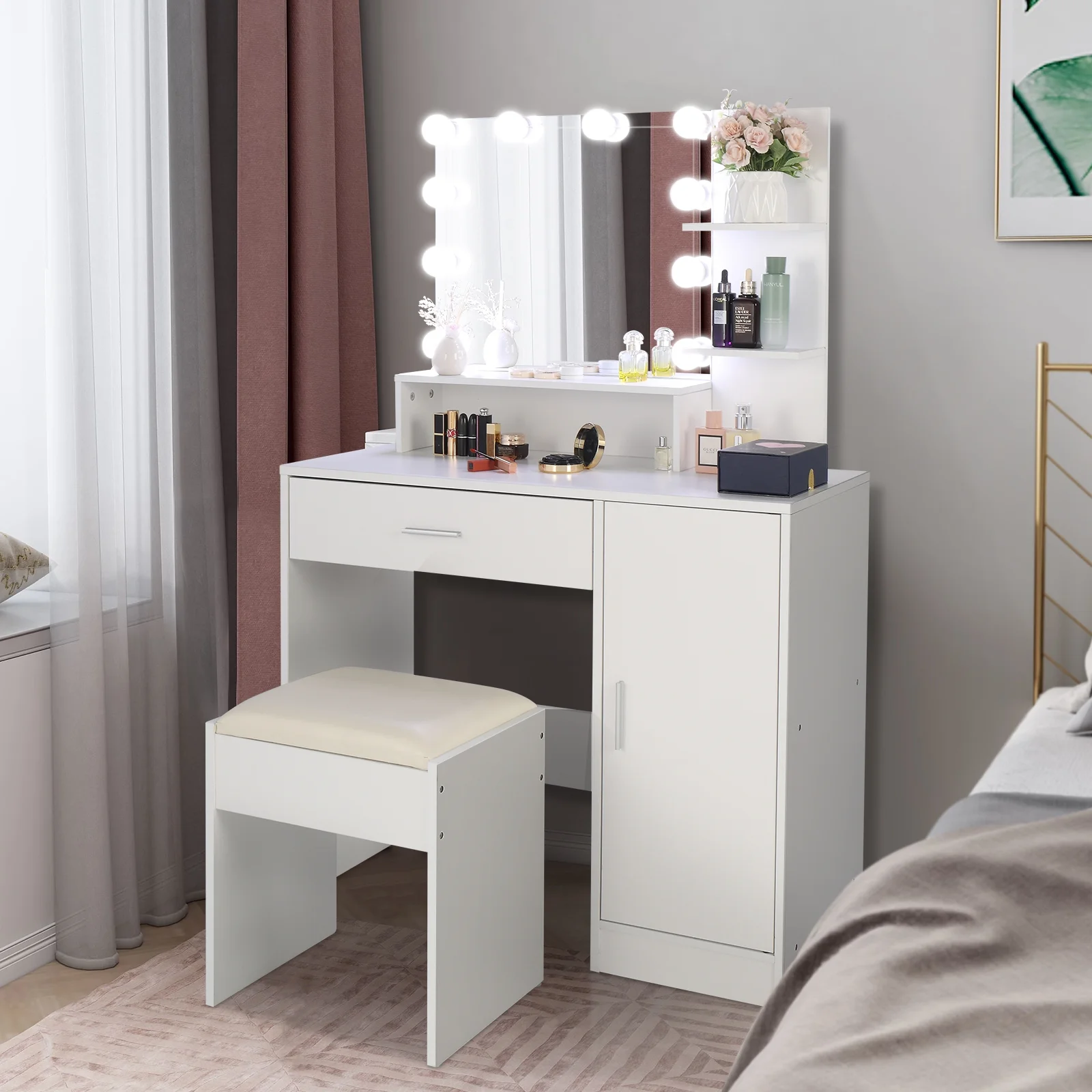 Resenkos Vanity Desk Set with Mirror and Lights for Makeup, 5 Drawers Storage Dresser for Bedroom, White