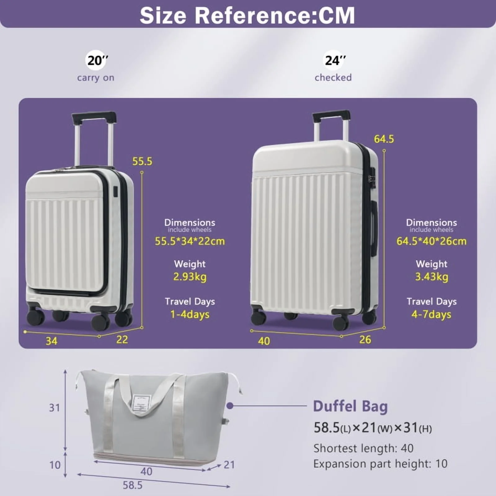 Front Opening Luggage Set 3 Piece, Hardside Carry on Suitcase with USB Port, Expandable Luggage with Handle Bag Spinner Wheels TSA Lock