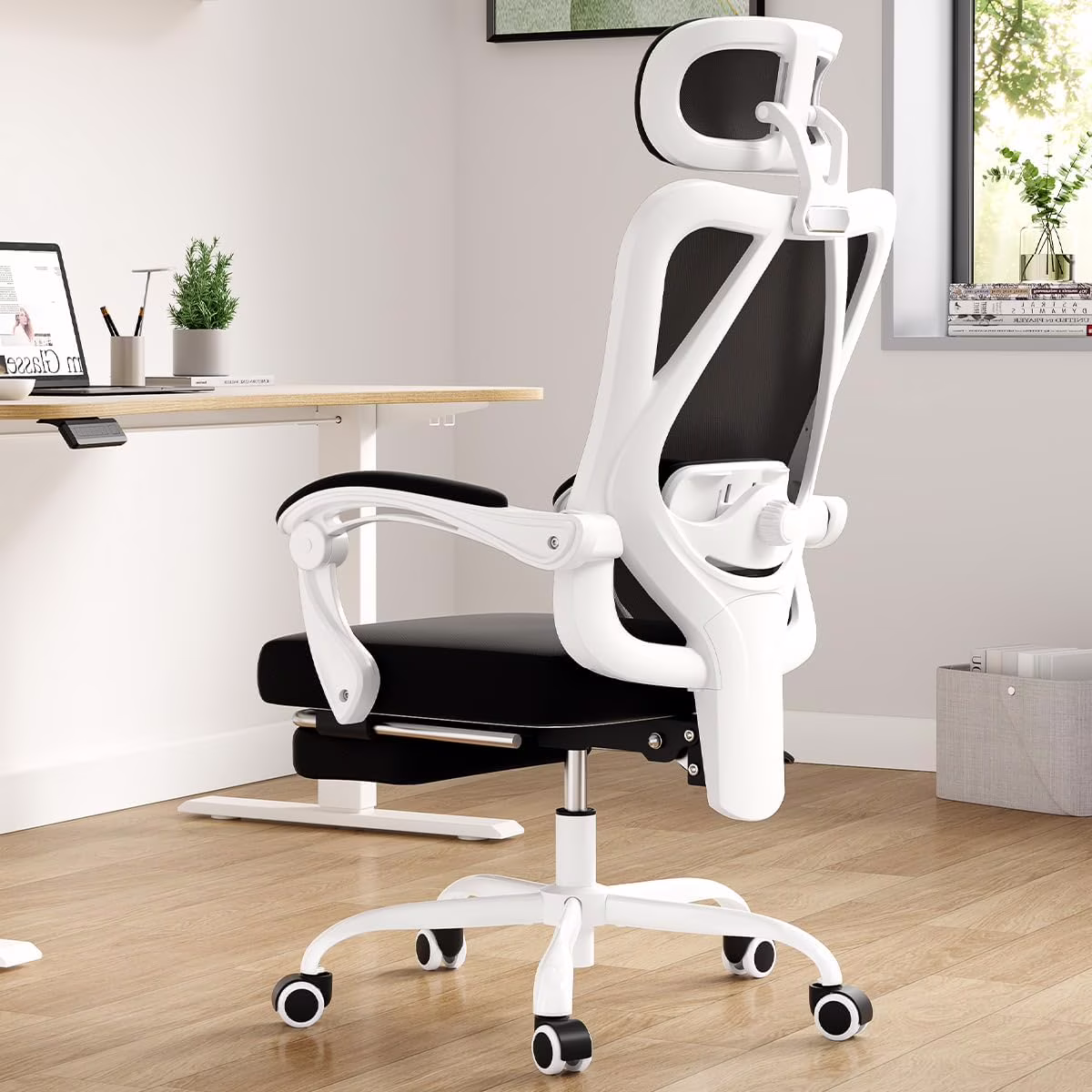 STARY Ergonomic Office Chair with Footrest, High Back Mesh Desk Chair with Adjustable Headrest & Lumbar Support, Comfortable Computer Chair for Home Office Study, White & Beige