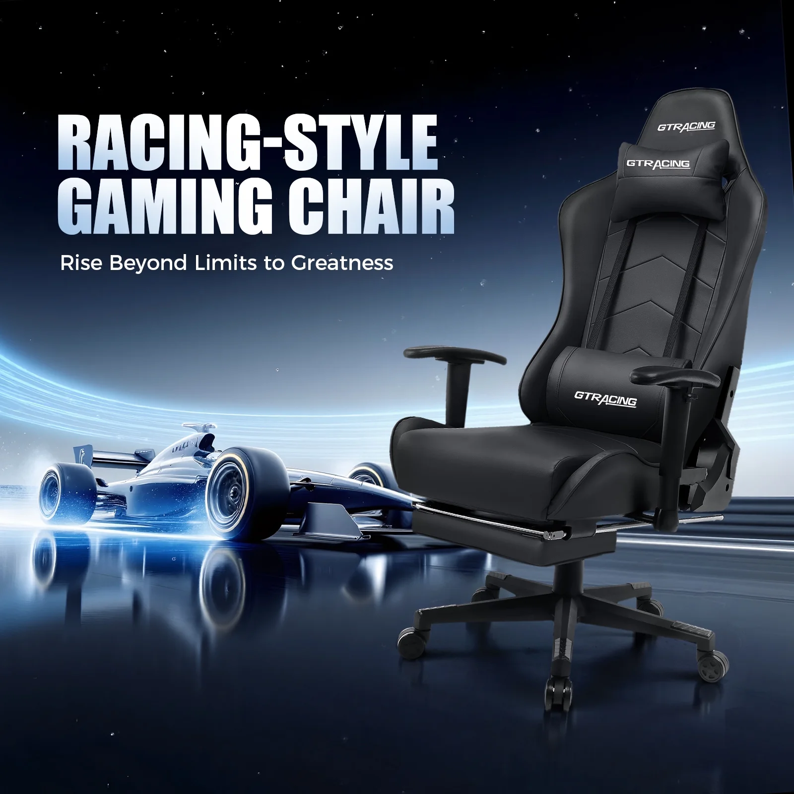 GTRACING High Back Racing Style Gaming Office Chair with Footrest and Adjustable Reclining Backrest, Black
