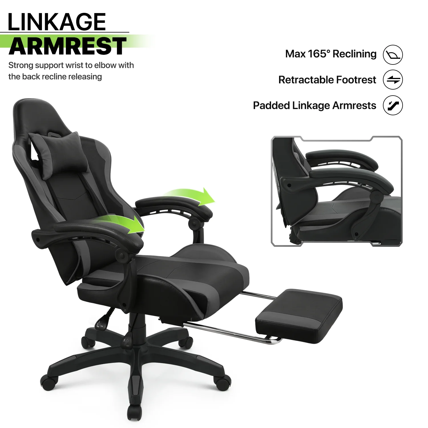 Magshion Adjustable Gaming Chair, Ergonomic PC Computer Seat with Headrest and Lumbar Support for Adults Teens Desk Chair, Black