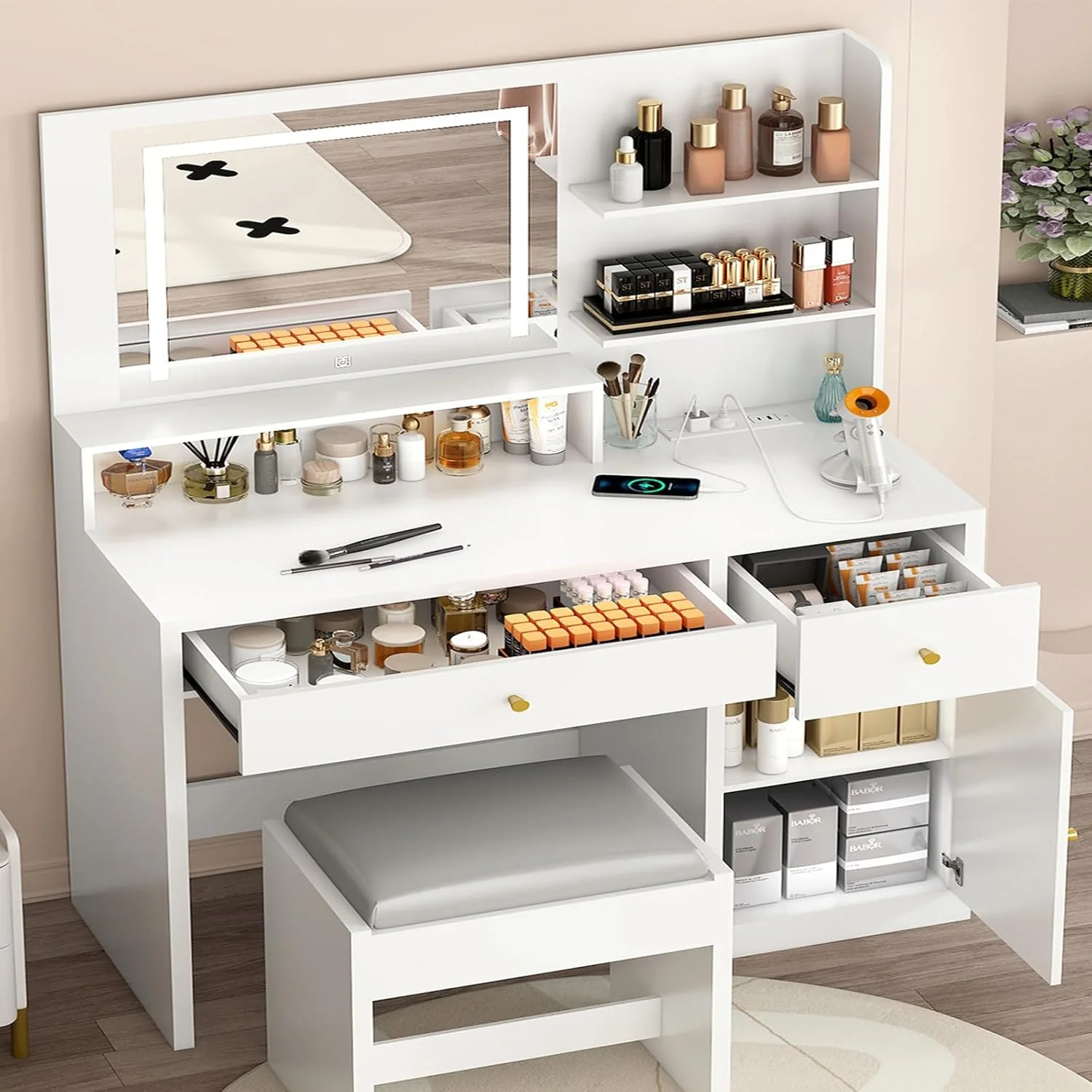 ChVans White Vanity Desk with Lighted Mirror & Charging Station, Vanity Table Set w/3 Storage Shelves,2 Drawers,Storage Cabinet & Makeup Vanity Cushioned Stool(White-37