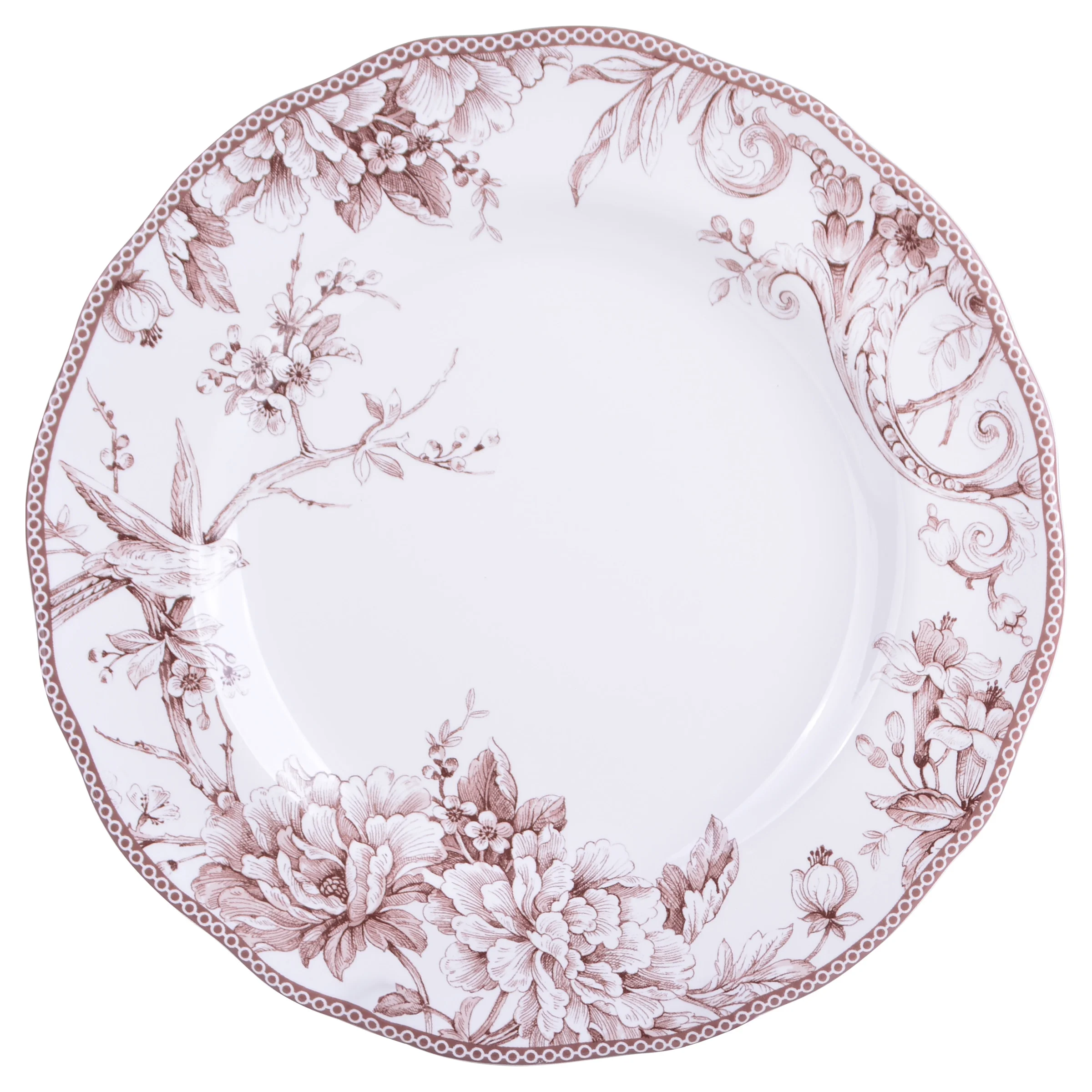 222 Fifth Adelaide Brown on White Porcelain 12 Piece Dinnerware Set, Plates & Bowls, Service for 4