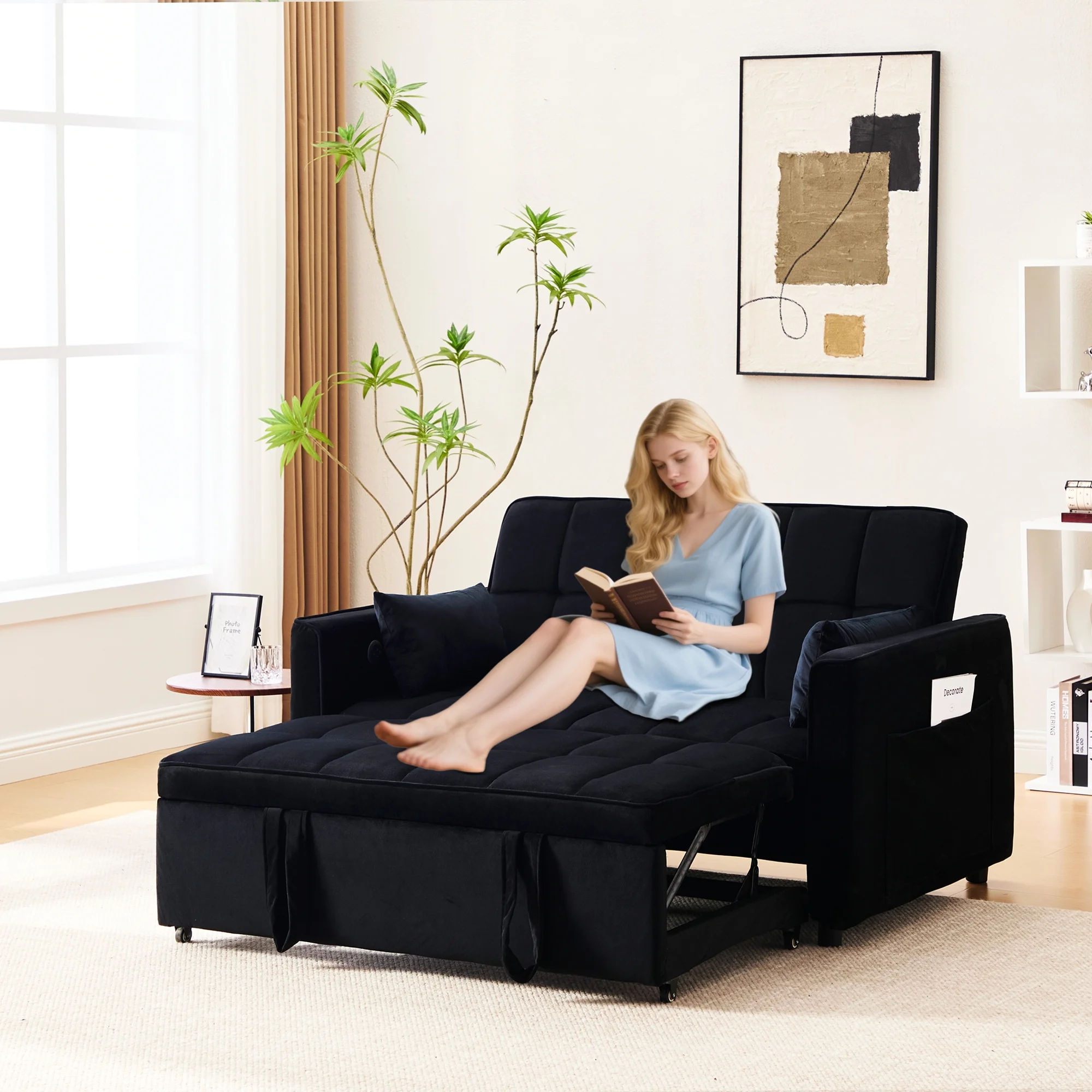 Velvet 3-in-1 Convertible Sofa Bed �C USB Charging, Adjustable Backrest Pull-Out Couch Loveseat Sleeper for Living Room, Apartment & Small Space,Black