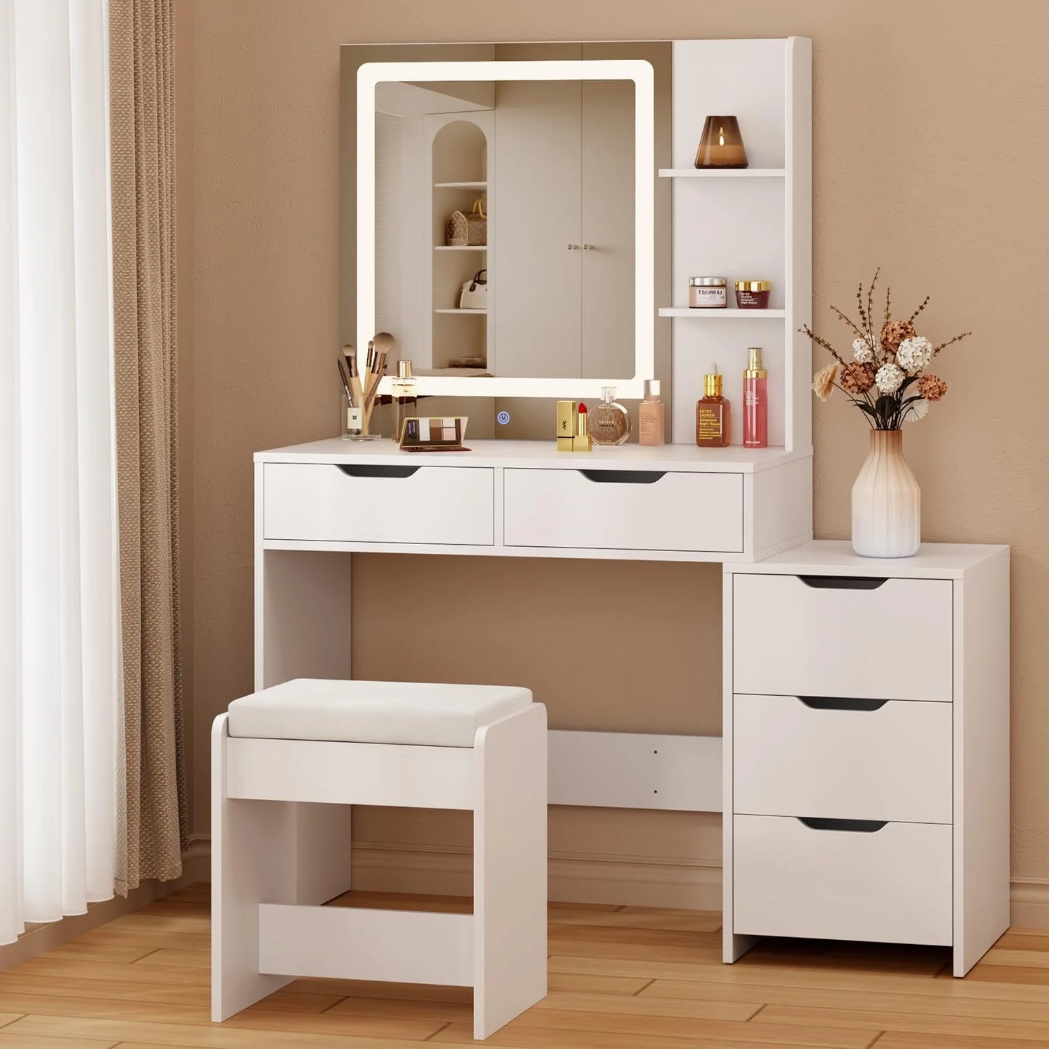 Makeup Vanity Desk with Mirror and Lights, 43.5�� Vanity Table with 5 Drawers & Storage Shelves, White