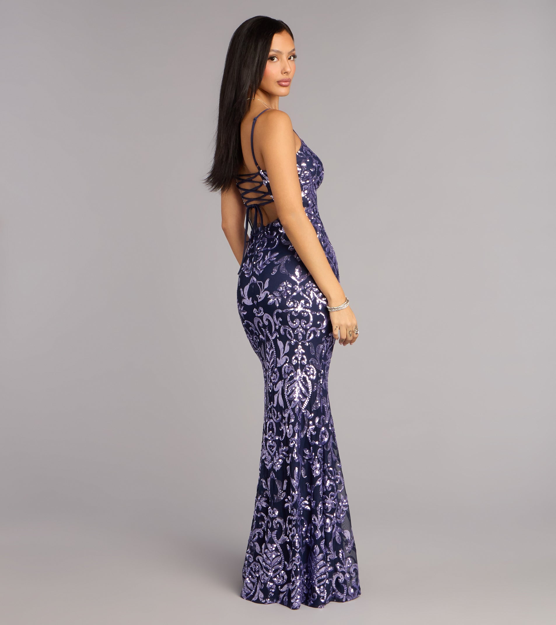 Glamour Sequin Lace-Up Formal Dress