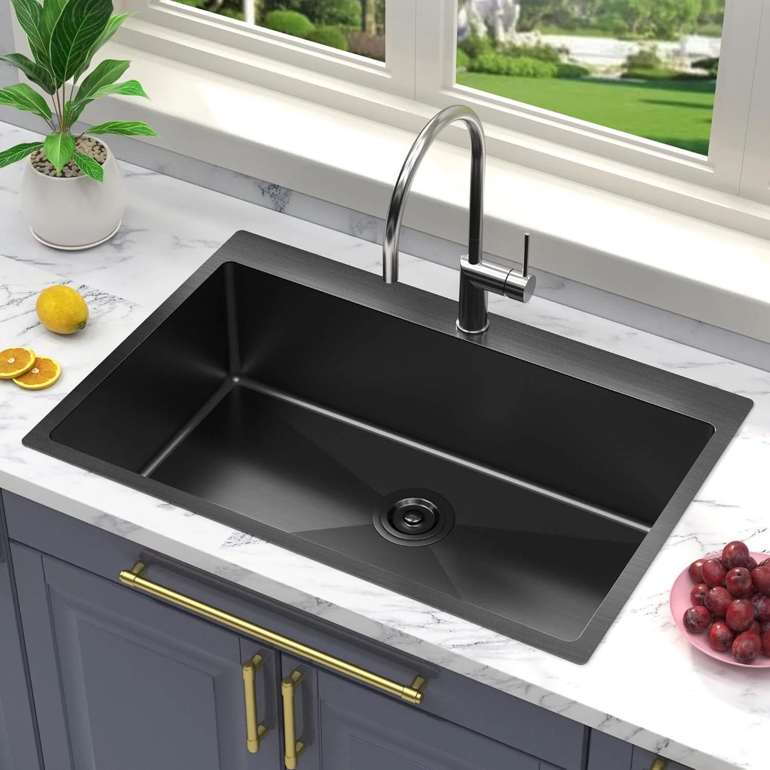 33 x 22 Inch Black Stainless Steel Single Bowl Kitchen Sink, Drop-In Topmount, 18 Gauge, with Bottom Grid and Drain Strainer Set