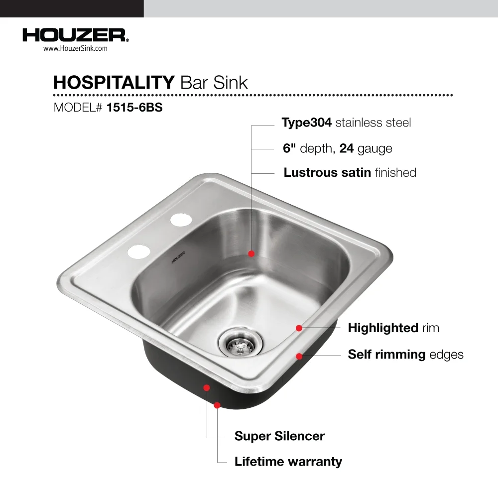 Houzer Hospitality 15 in Stainless Steel Topmount Single Bowl Bar Sink - 1515-6BS-1