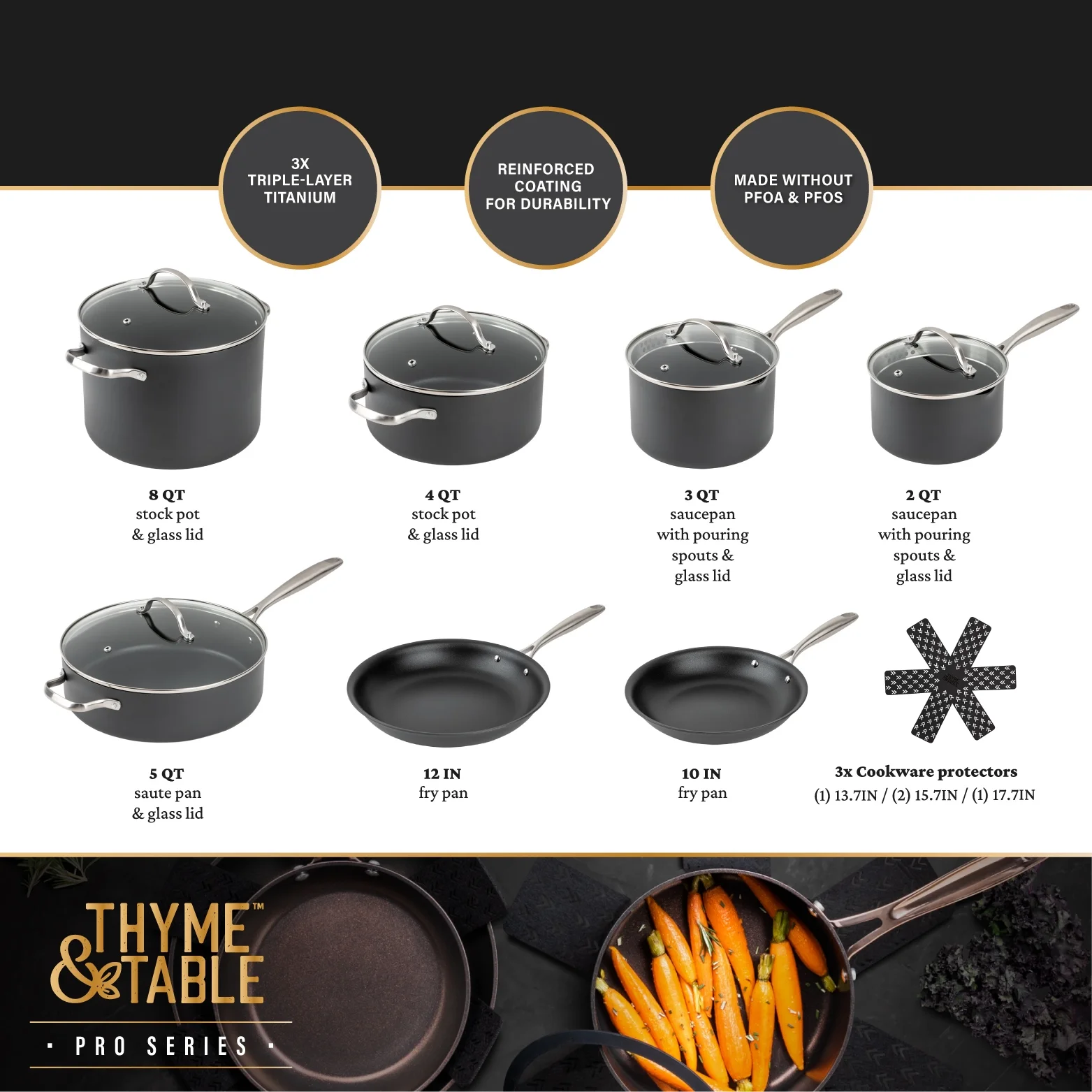 Thyme & Table 15-Piece Non-Stick Hard Anodized Cookware Set, Pots and Pans Set - Black