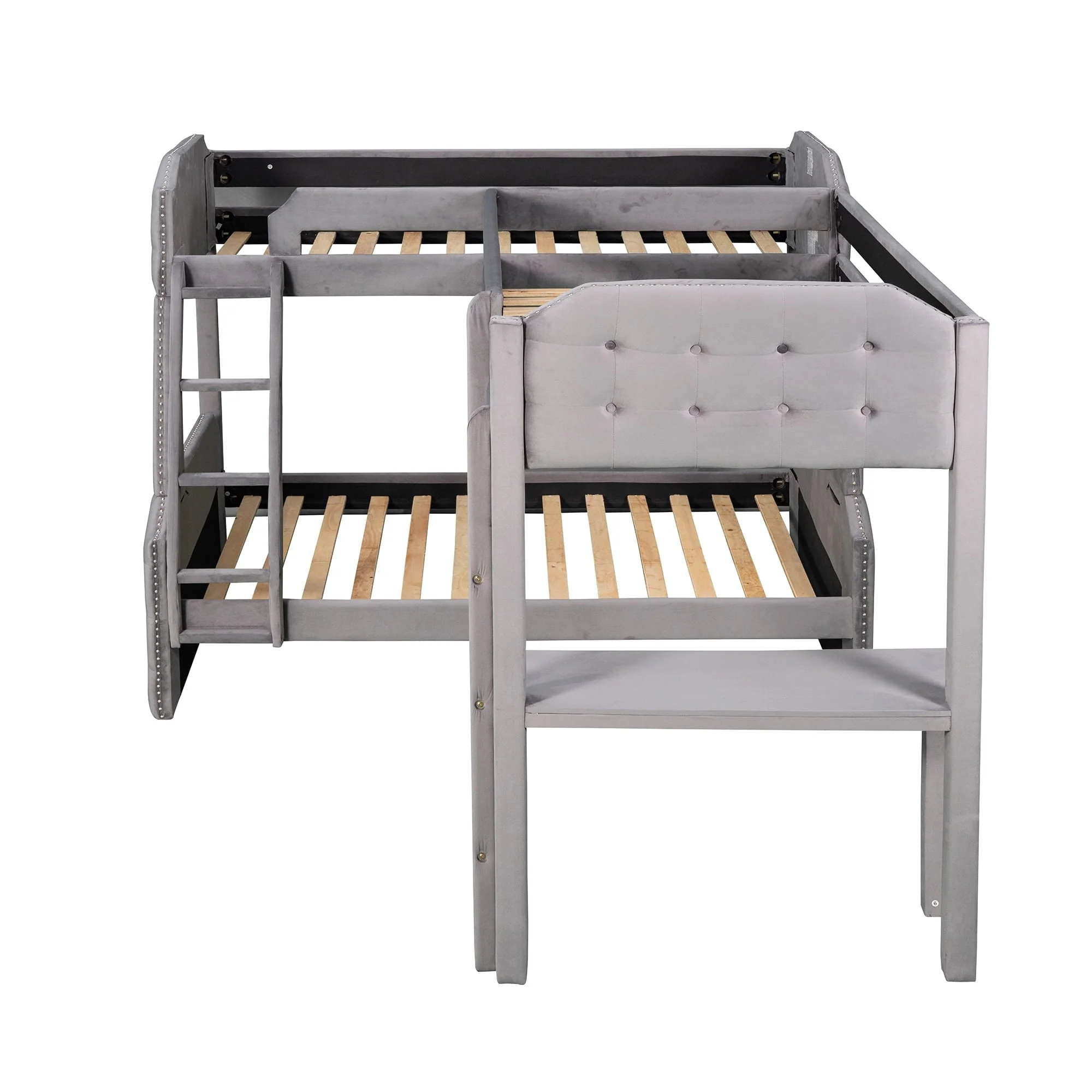EUROCO Upholstery L-Shaped Twin over Full Bunk Bed and Twin Loft Bed with Desk for Kids Bedroom, Gray