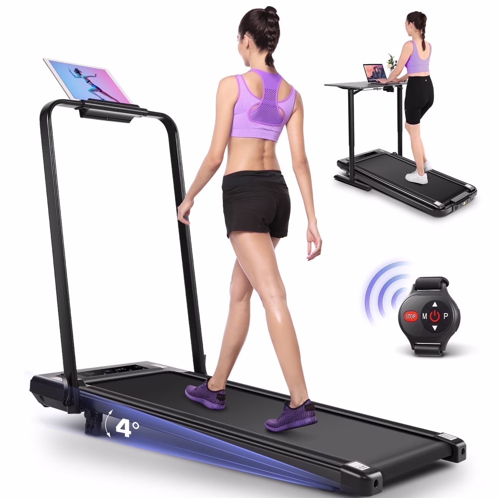 2 in 1 Walking Pad Treadmill with Incline, 2.5HP Under Desk Treadmill with Handle Remote Control & LED Touch Screen for Home Office Workout, 300lbs Weight Capacity Black & Green