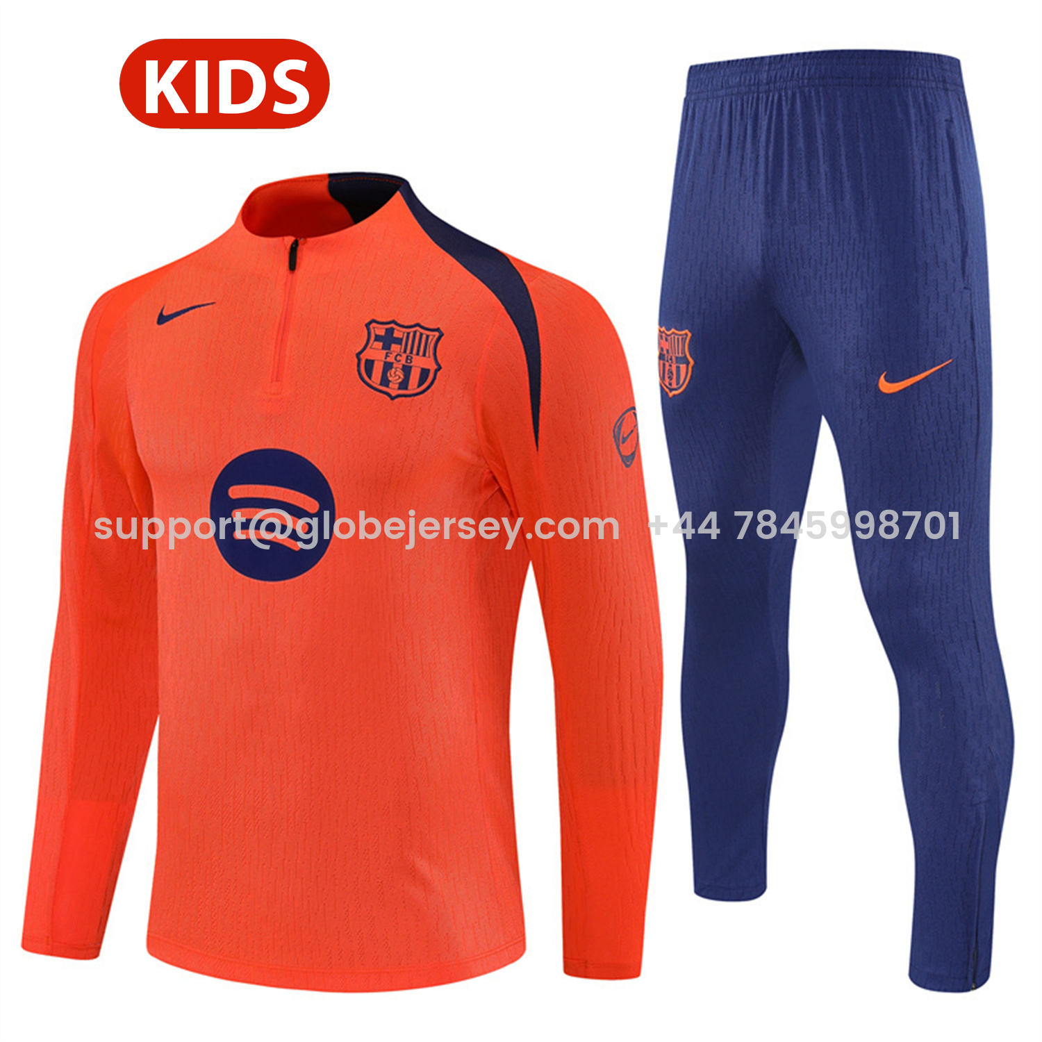Barcelona 25-26 Kids Long Sleeve Training Set - Orange Top Royal Blue Sponsor & Royal Blue Pants