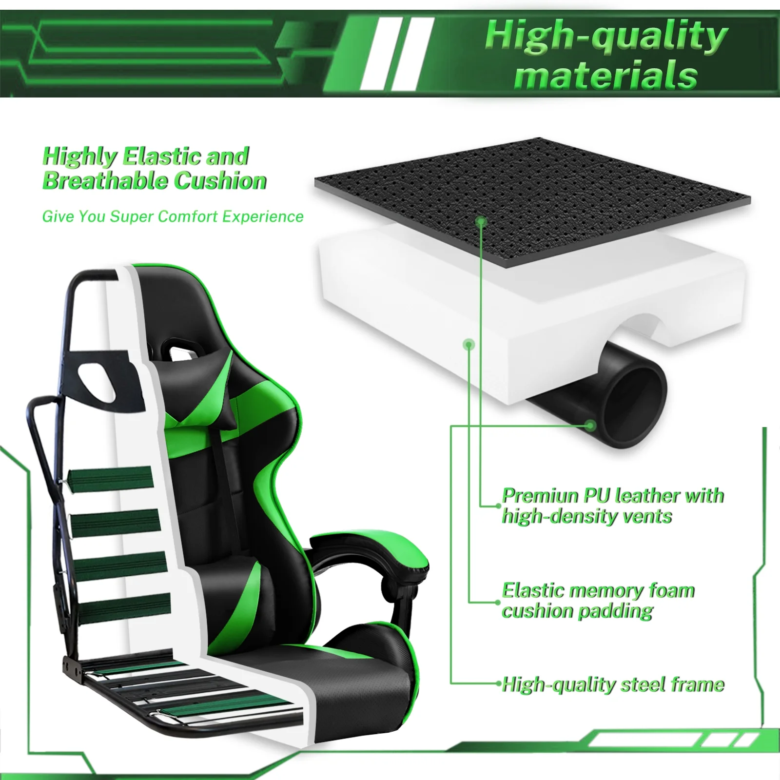 SOONTRANS Green Gaming Chair with Footrest, High Back Gamer Chair with Massage Lumbar Pillow, Gamer Computer Desk Chair (Green)