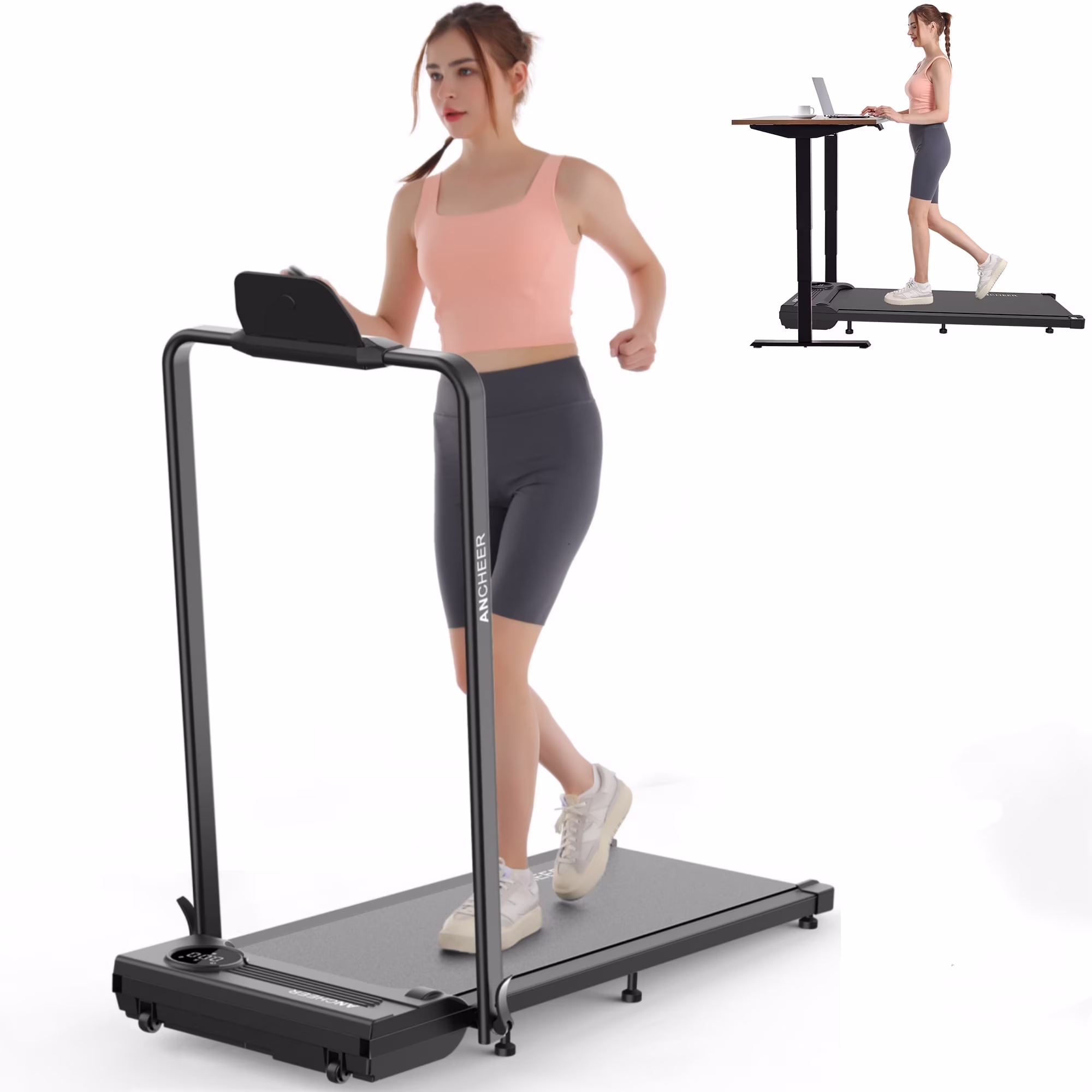 ANCHEER Portable Folding Walking Pad 300lb, 7.5 MPH Under Desk Treadmill with Remote Control & LED Display,2 in 1 Walking Pad Treadmill for Home/Office/Exercise(Pink)