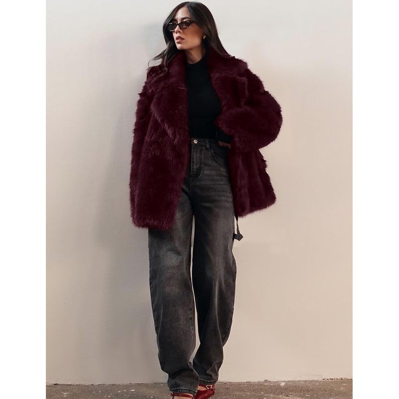 Women Faux Fur Coat Lapel Warm Open Front Winter Outerwear