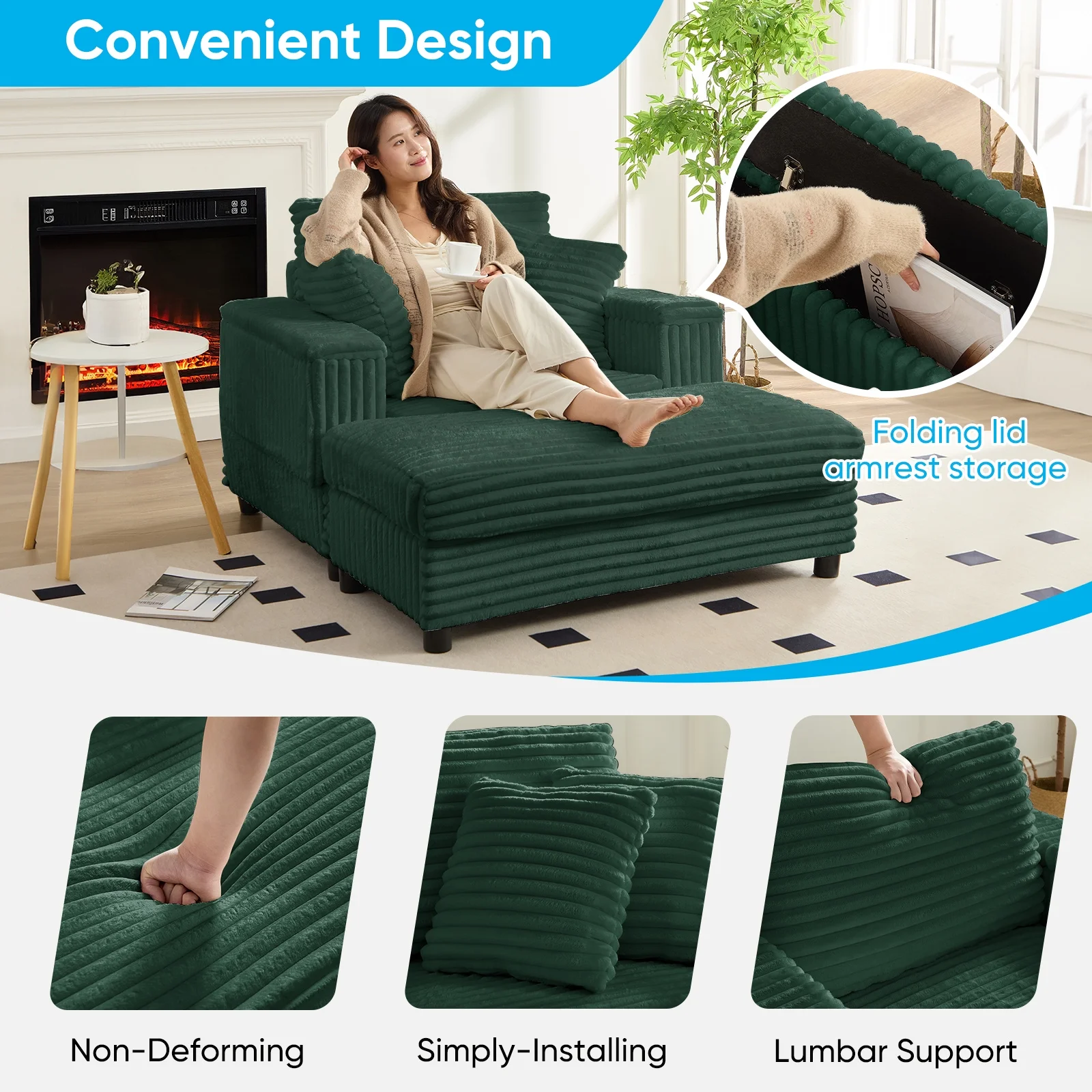 Mjkone Oversized Accent Chair?with Ottoman for Living Room, Single Indoor Lounge Sofa Armchair with Storage Armrests,Green