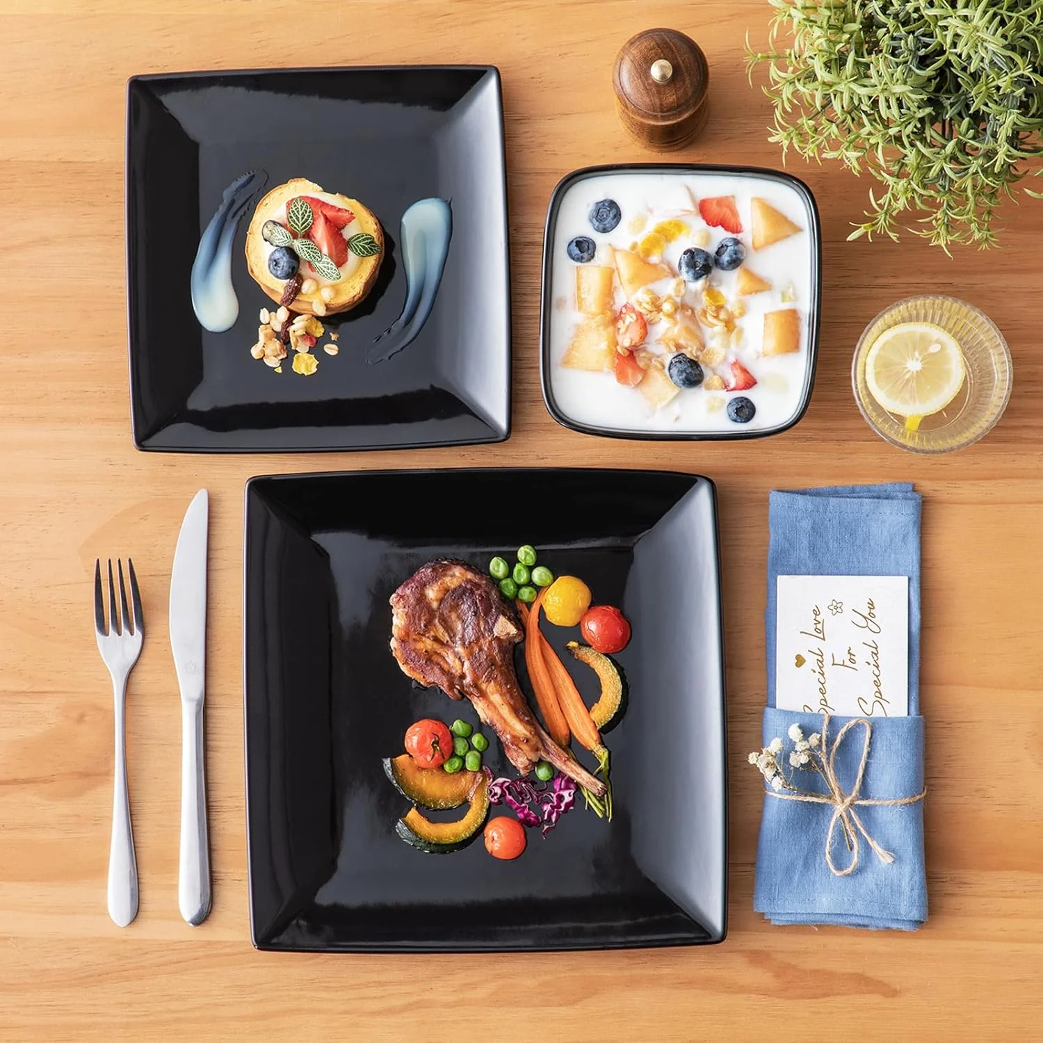 Dinnerware Sets 12 Pieces, Stoneware Square Place Setting, Dinner Plate, Dessert Plate, Bowls Service for 4