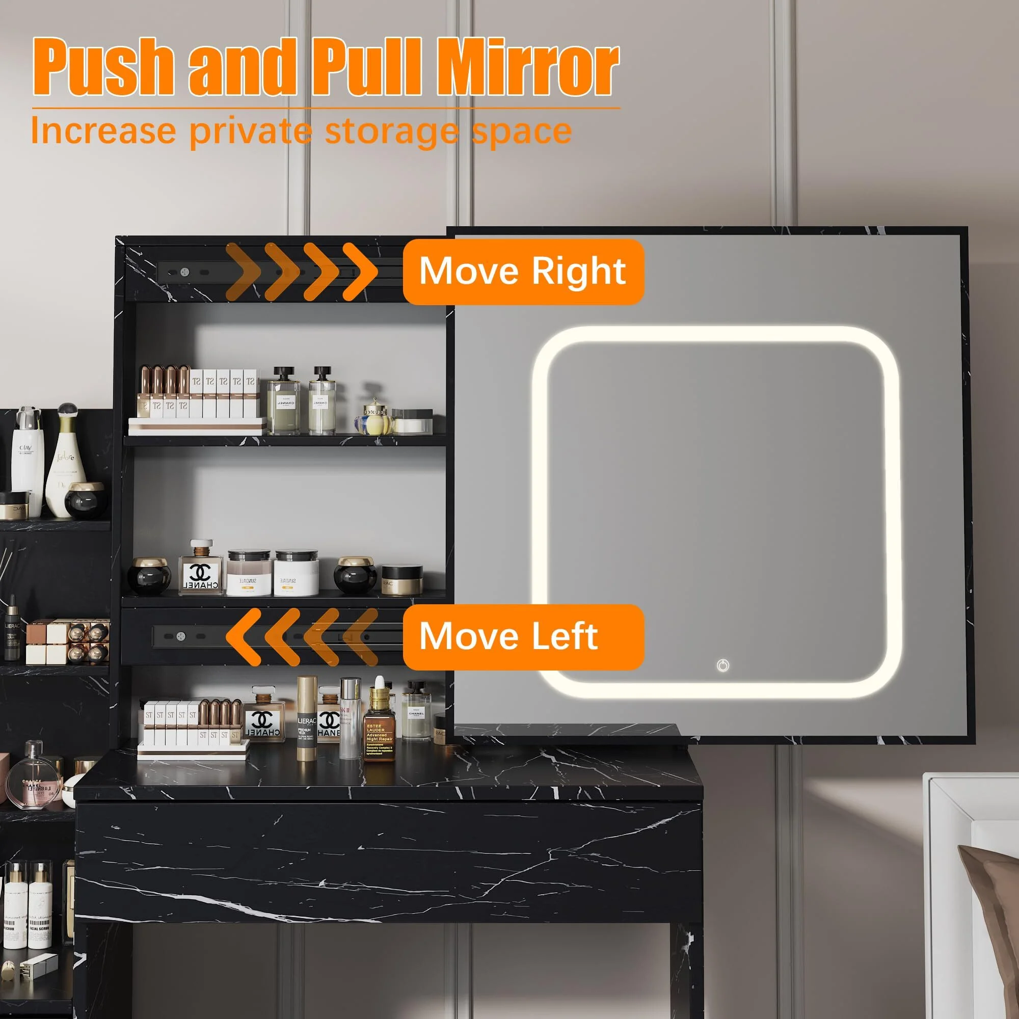 Vanity Desk with Sliding Mirror & Lights, Makeup Vanity Set with Charging Station 4 Drawers 7 Shelves, Large Vanity Set with Cushioned Stool for Bedroom, White