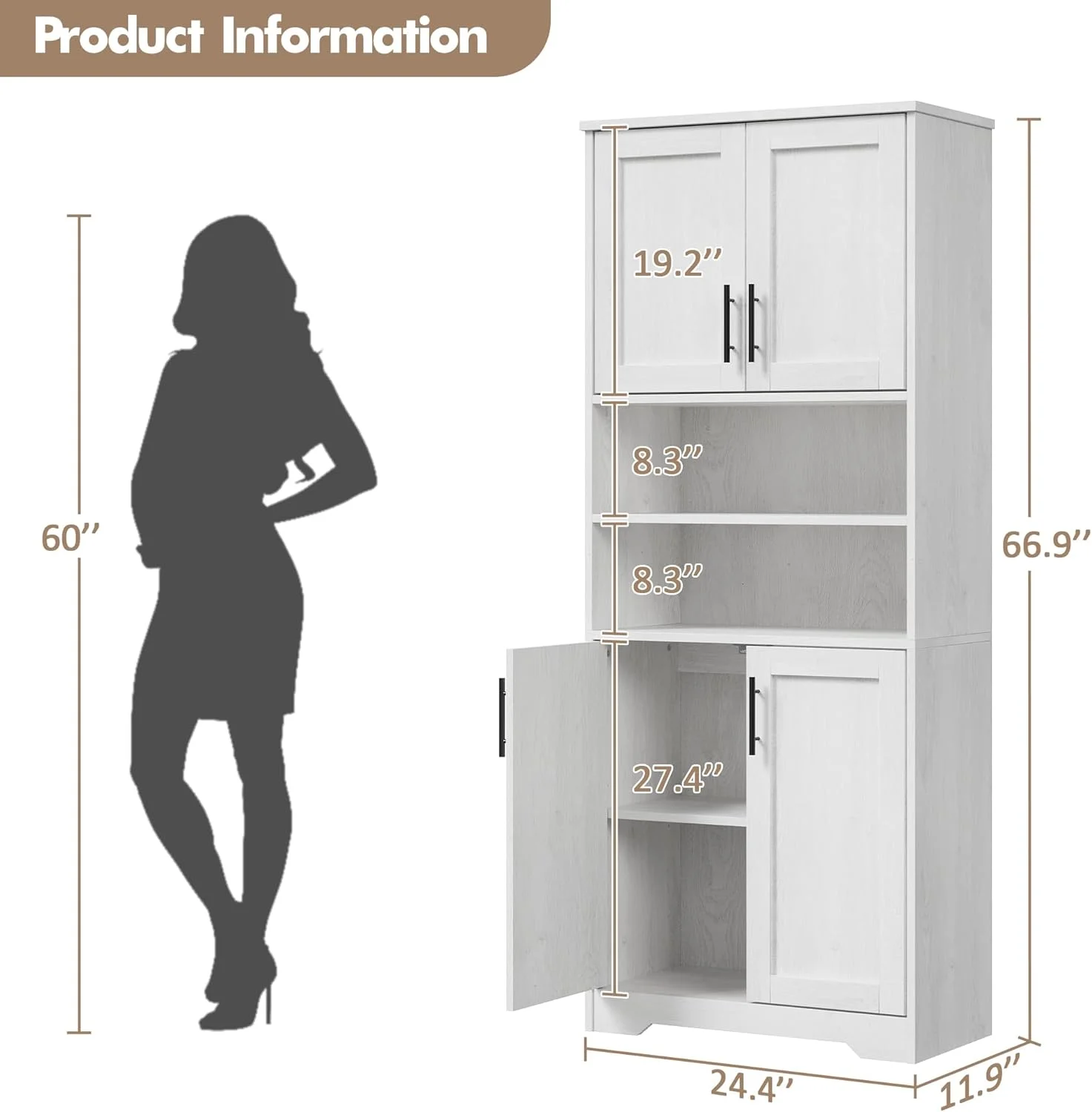 Studyset Tall Bathroom Cabinet, Freestanding Bathroom Storage Cabinet with Glass Doors and Adjustable Shelves, 67