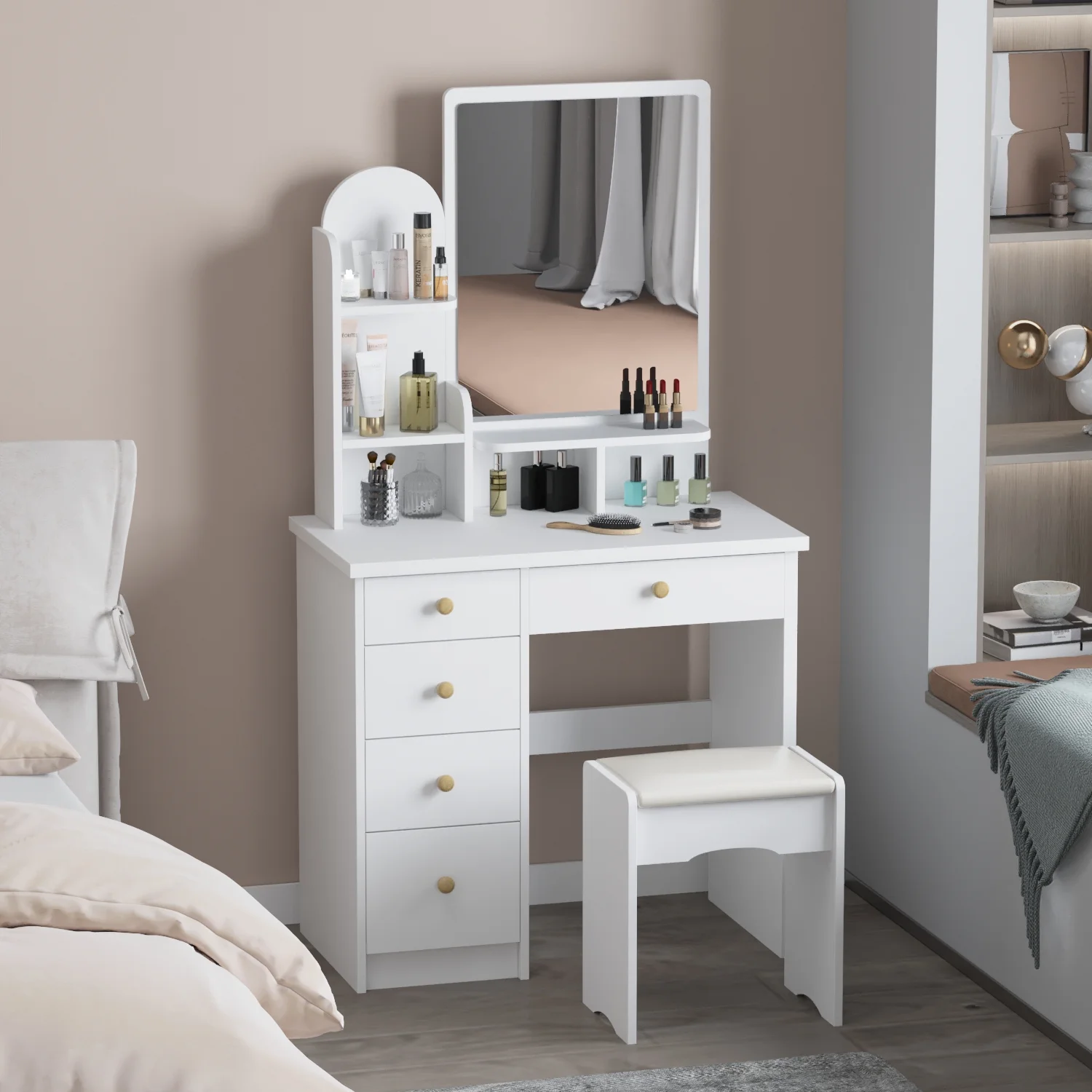 MONSLIPA Makeup Vanity Desk Set w/ Light, Sturdy Dressing Vanity Table with Bench, Shelves & Drawers