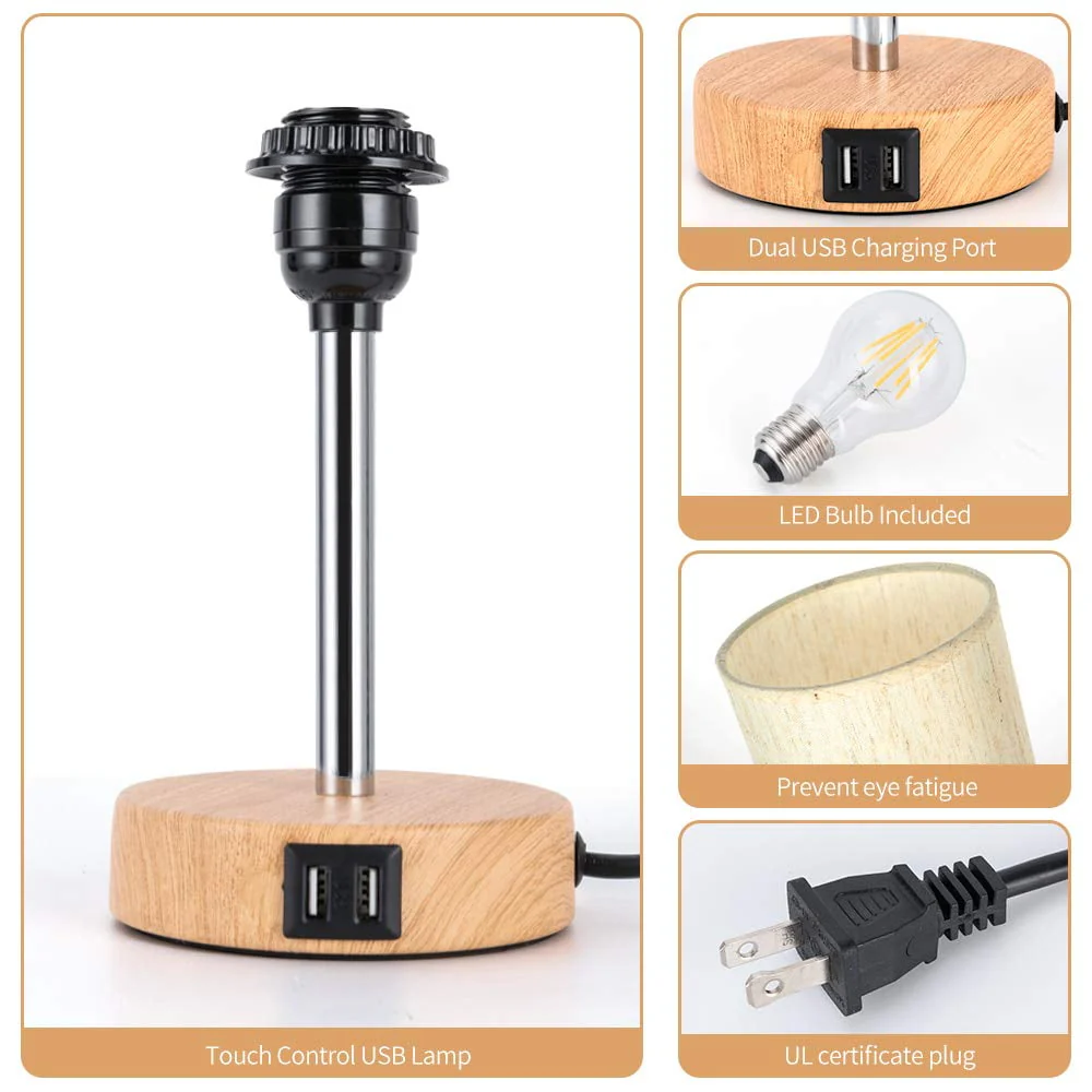 Maple Star Touch Control Table Lamp,Bedside Desk Lamp with 2 USB Port,Woodgrain Touch Control Table Lamp (LED Bulb Included)
