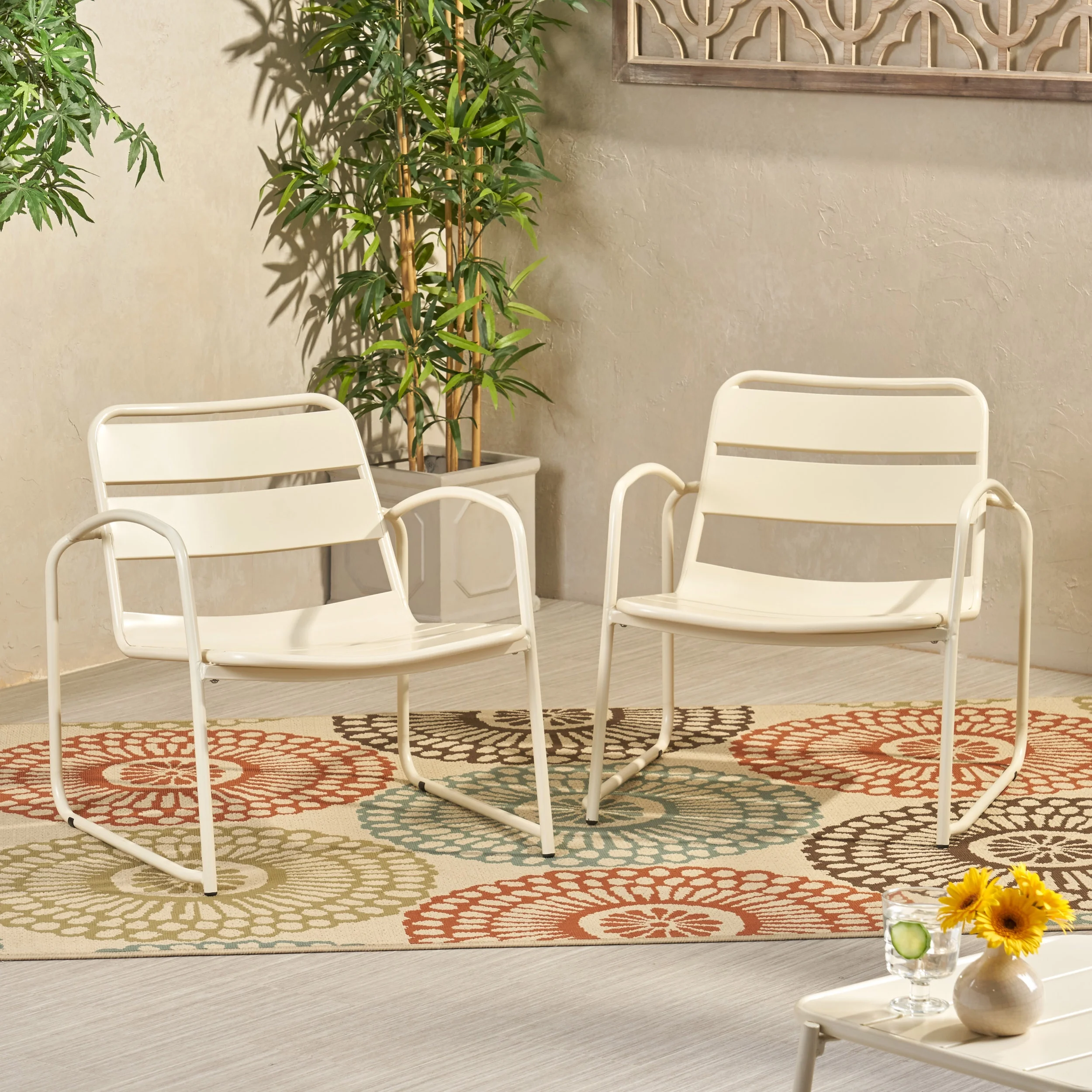 Noble House Cowan Outdoor Dining Chair in Matte White (Set of 2)