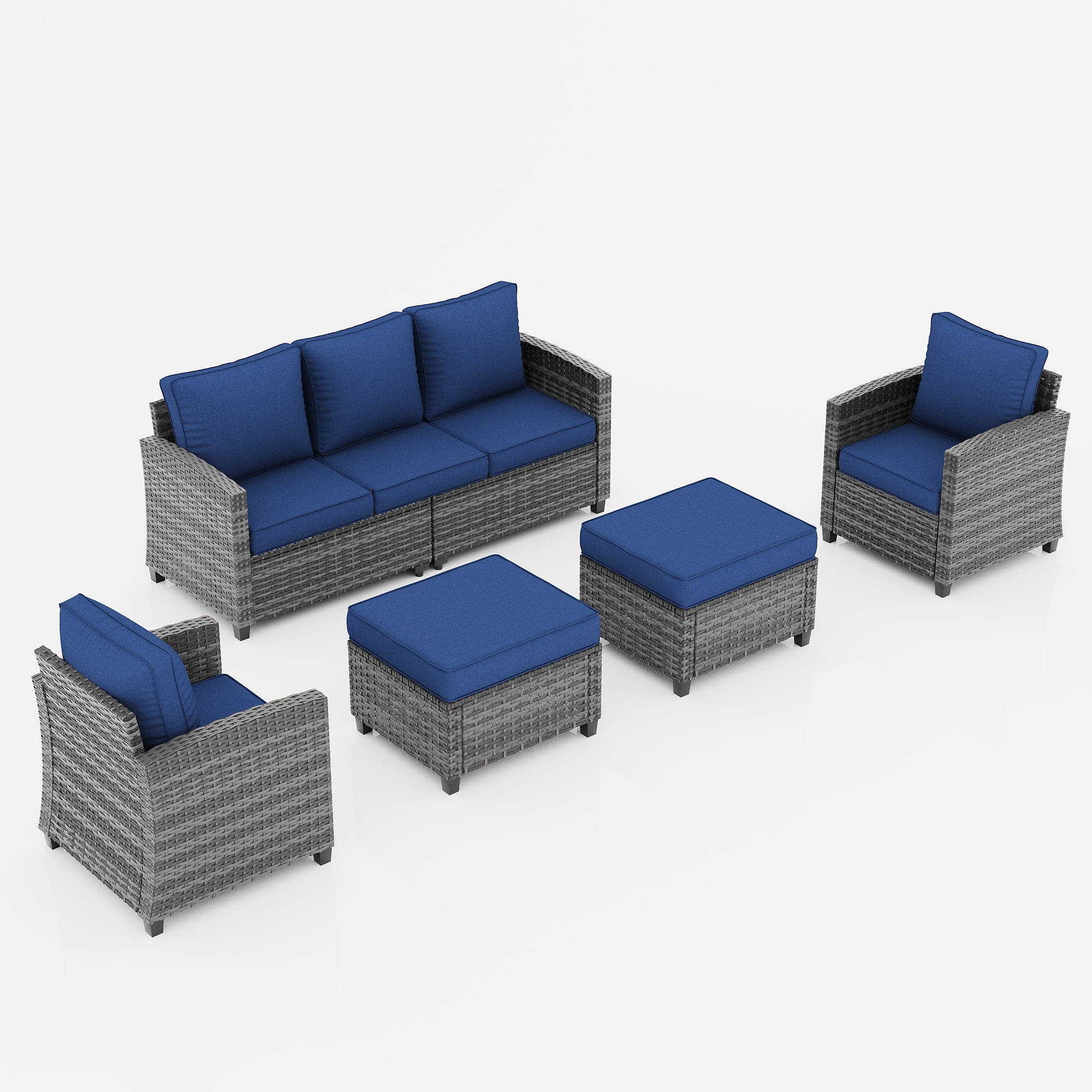 POTEBAN Patio Furniture Set, 7 Pieces Outdoor Sectional Sofa Couch with Chairs, Ottomans and Comfy Cushions, All Weather Wicker Rattan Patio Conversation Set for Garden Backyard Dark Grey