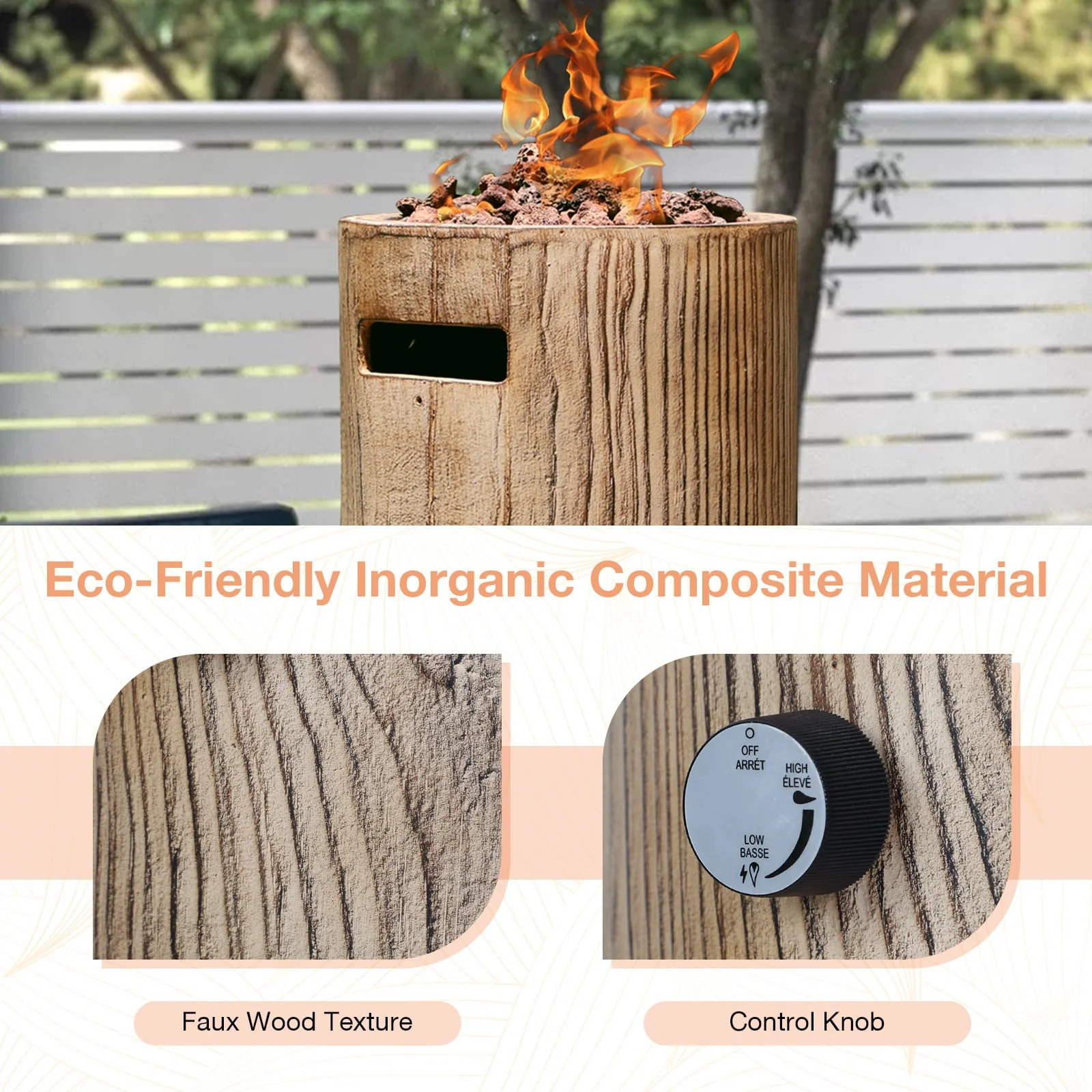 Tabletop Fireplace Small Propane Fire Pit, Patio Outdoor 10inch Portable Concrete Tabletop Gas Fire Bowl, Round-Wood Pattern Brown
