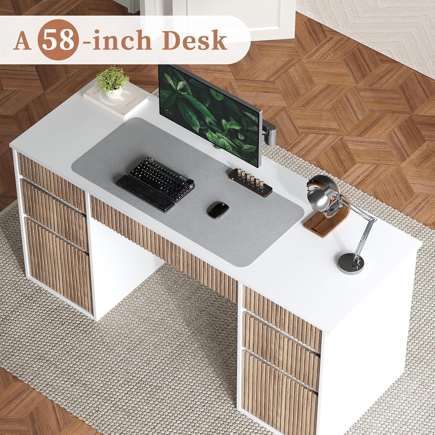 DreamCurship 58 Inch White Executive Desk, White Computer Desk with 7 Drawers, Home Office Desk for Work and Study, White and Walnut