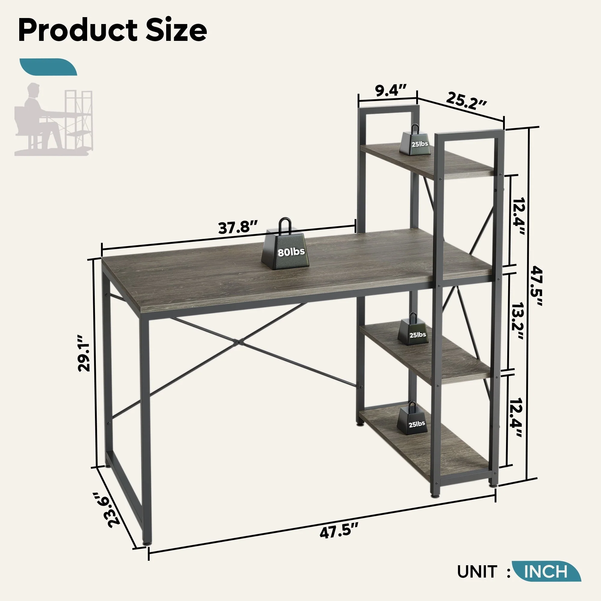 Bestier 47'' Computer Desk with Shelves for Home Office Retro Grey Oak-Dark Finish