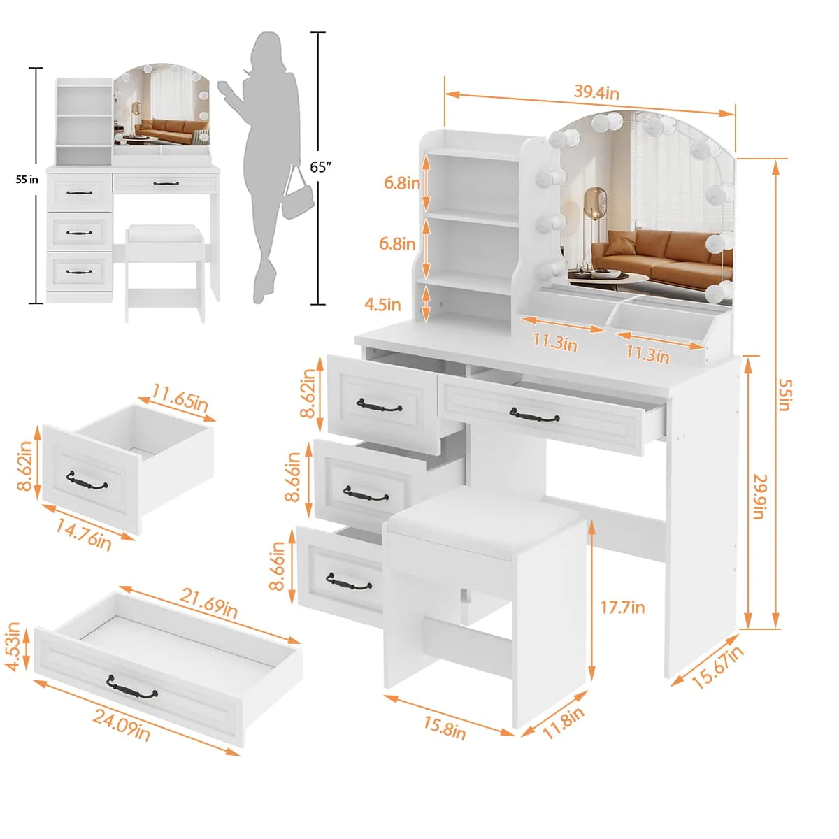 Veanerwood Makeup Vanity Desk with Lights and 4 Drawers, Modern Vanity Table Set, 3 Lighting Colors, 39.4in, White Finish
