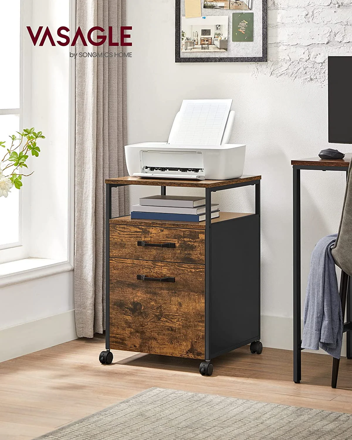 VASAGLE File Cabinet Mobile Filing Cabinet with Wheels 2 Drawers Open Shelf for Office Rustic Brown and Black