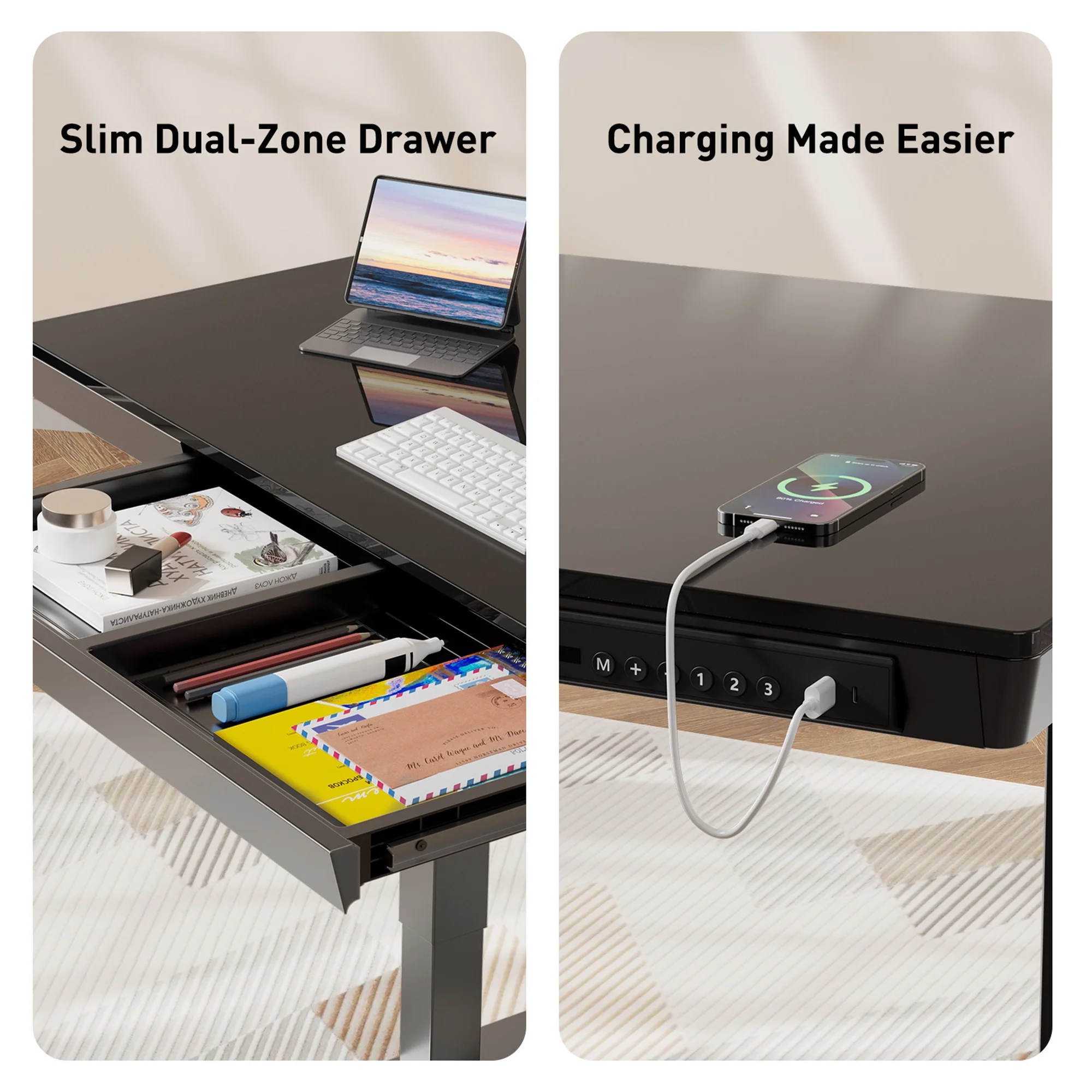 CHITOOMA Glass Top Electric Standing Desk with Drawer, 48'' x 24'' Electric Height Adjustable Desk with USB Charging Ports, Sit Stand up for Home Office