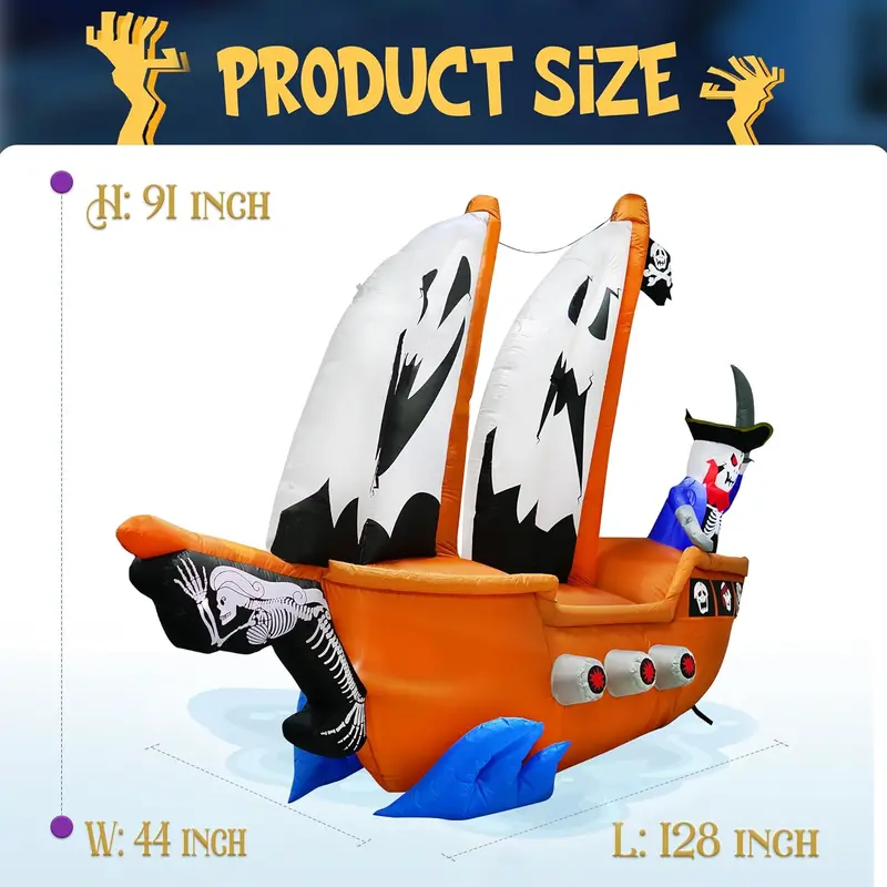 10-Foot Inflatable Pirate Ship Yard Decoration – Spooky Halloween Theme with Illuminated Details