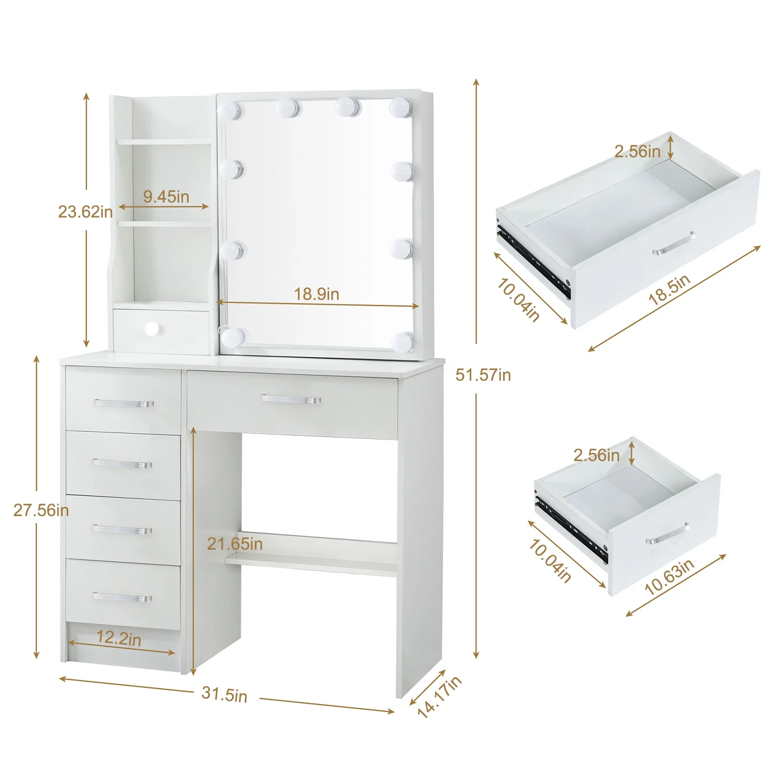 Yamissi Modern Vanity Table with Sliding Mirror and 10 LED Lights, Bedroom Makeup Desk Set with Stool, 6 Drawers & Shelves, White